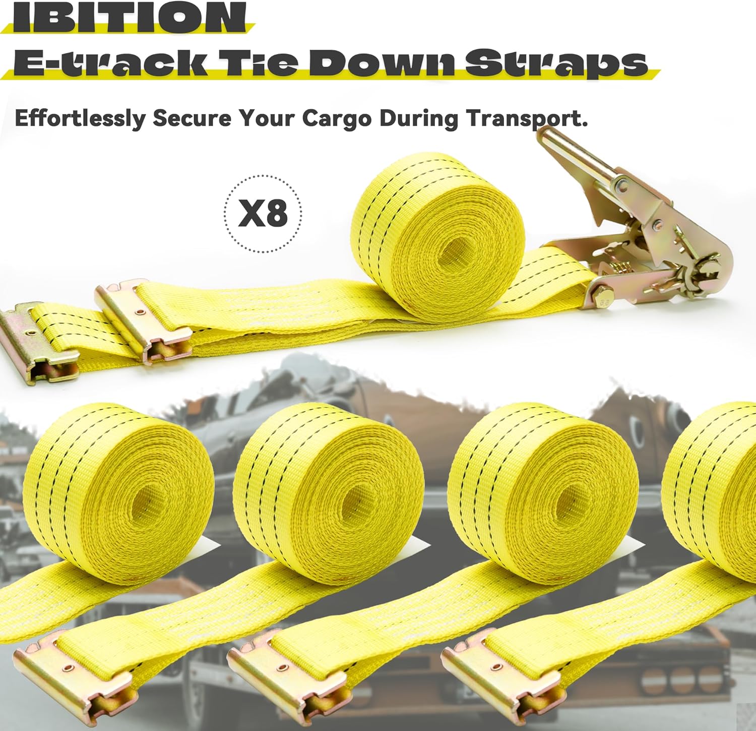 E Track Ratchet Straps Tie Down Strap (8-Pack), 2in×15ft Heavy Duty Tie Down Cargo Straps,4400 LBS Breaking Strength E Track Trailer Tire Straps for Tires Motorcycles Tailers Loads, Yellow. - Image 7