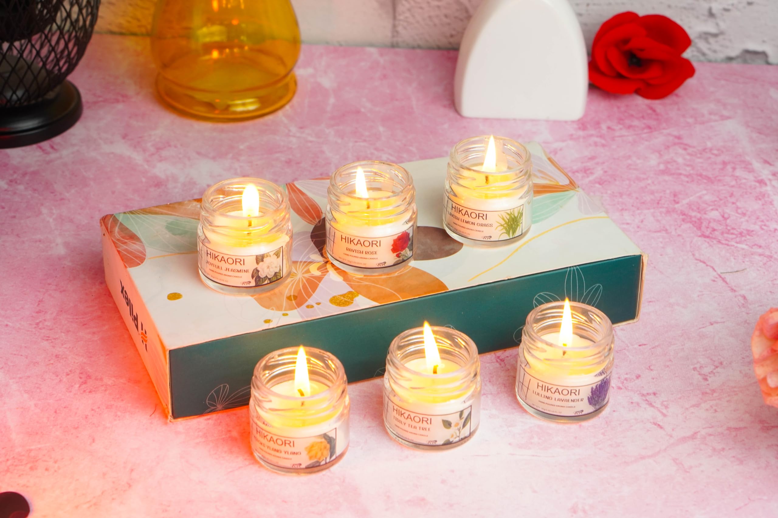 Hikaori Scented Candles Highly Fragranced Wax Candle Big Size for Home Decoration Aroma (100% Soy Wax)- Handcrafted| Aromatherapy Fragrance Pillar Candles (6 * 30gm) Long Burning Time Up to 8 Hours 2