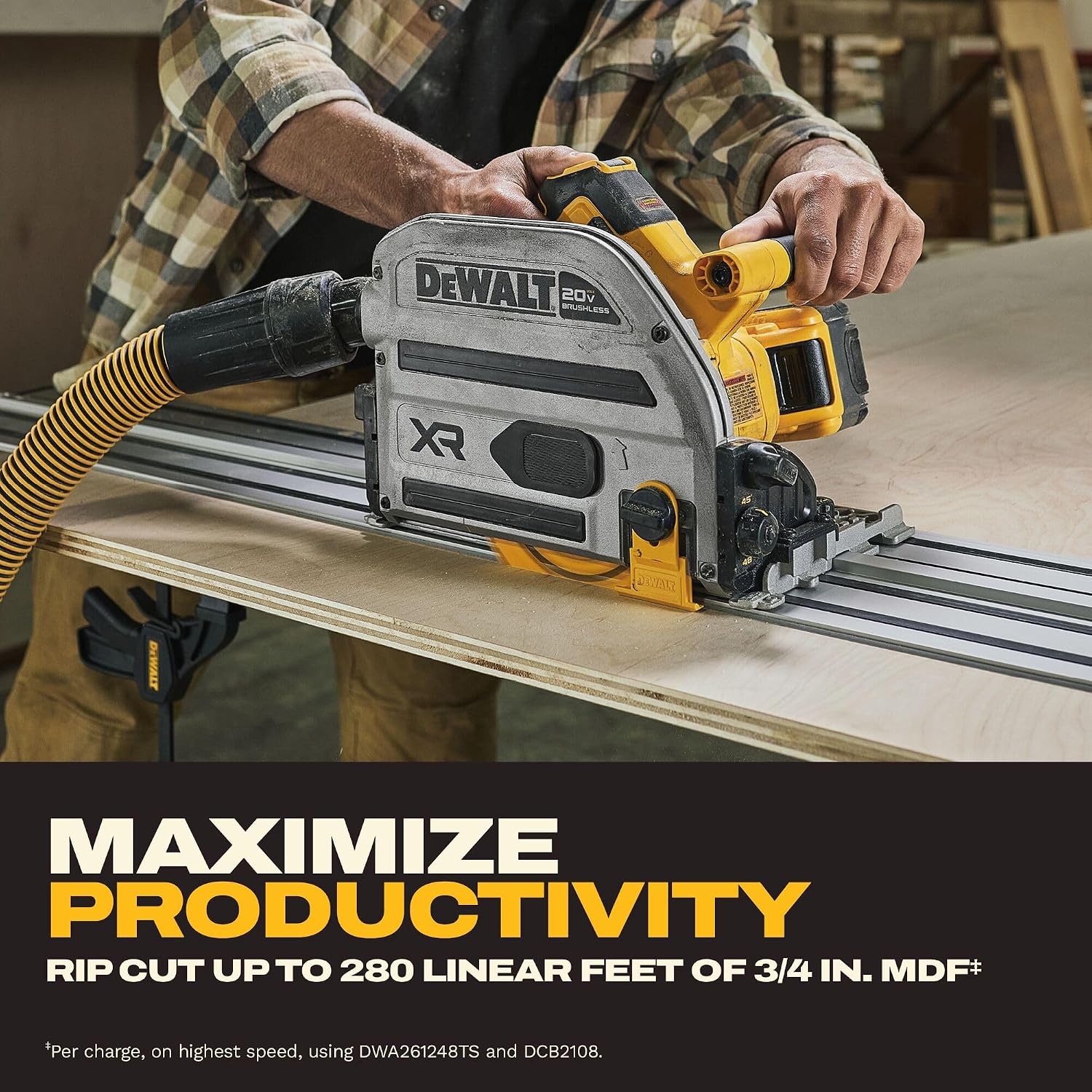 DEWALT 20V MAX XR 6-1/2 in Track Saw Kit with Tracks, Battery (DCS525STWW1) | Includes 8Ah Battery, Charger, 2 x 30 In. Plunge saw tracks, Track connecting rod, 48T blade, Guard rail, Wrench, Kit bag