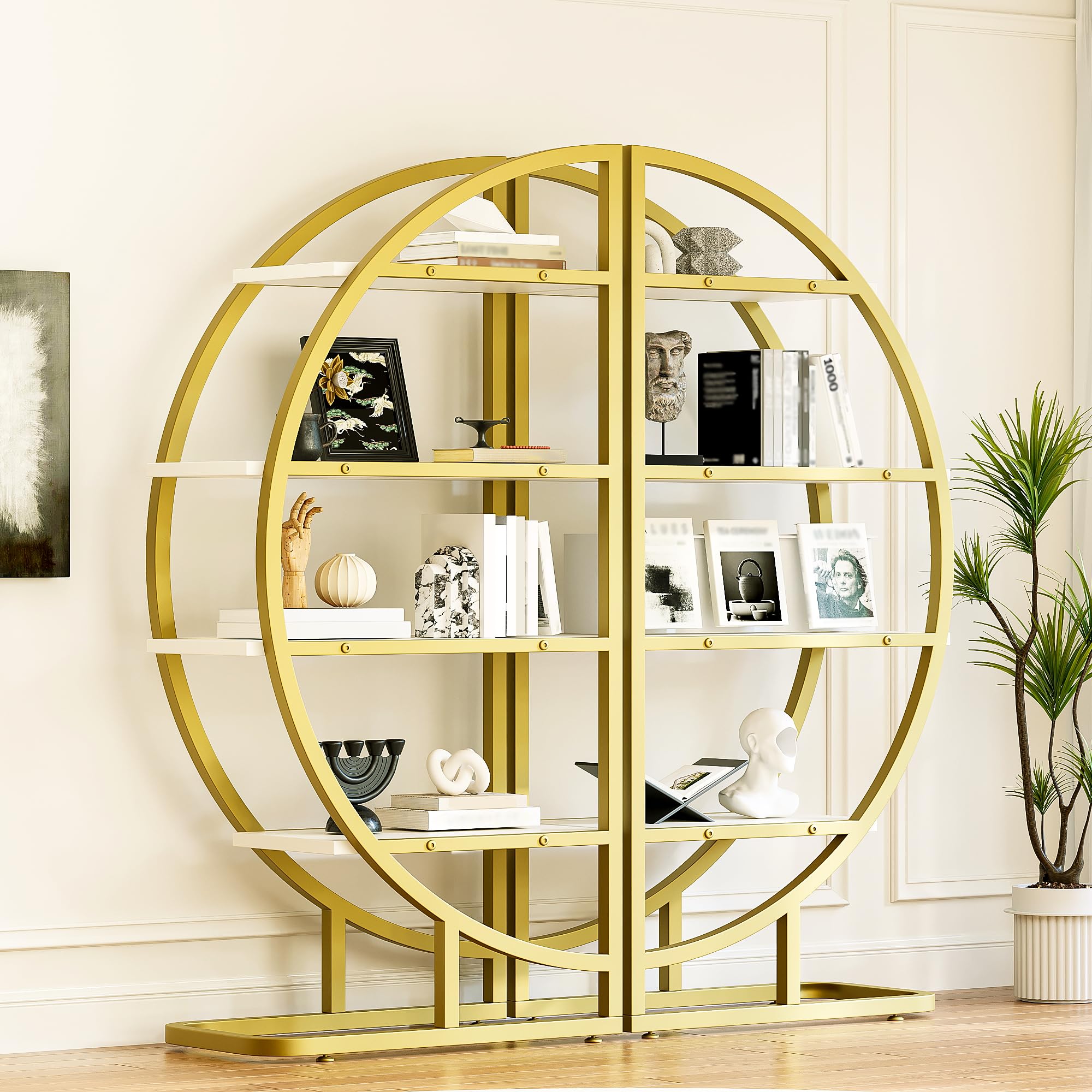 Scaffale ad Arco con Metallo e MDF, per Soggiorno, Oro e Bianco, Set di 2