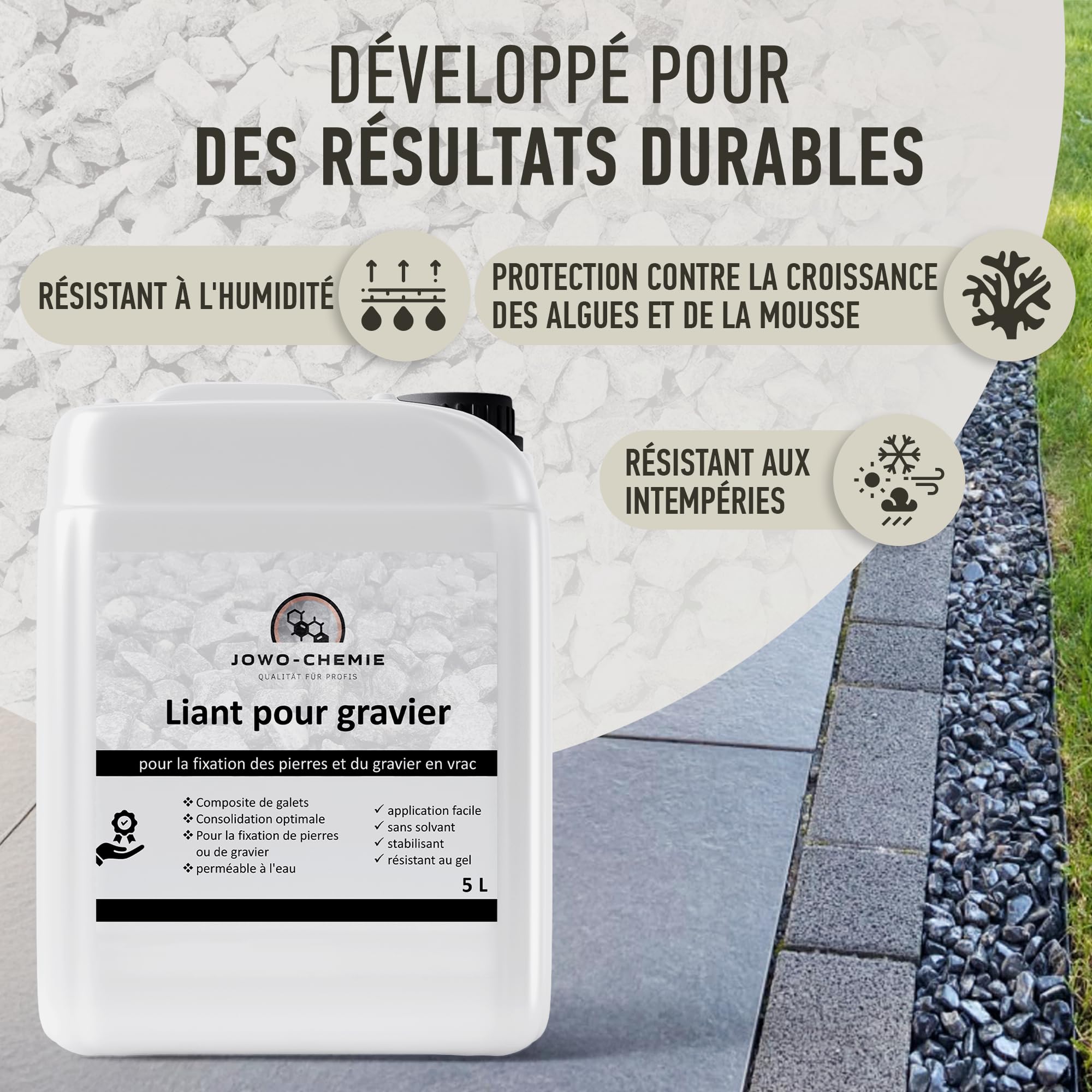 Liant pour gravier extérieur 5L – Stabilisateur de gravier & colle cailloux pour allées, terrasses et jardins | Fixateur drainant anti-déplacement pour gravier, pierre et galet décoratif.