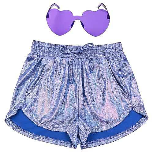 Perfashion Women's Metallic Shorts Summer Sparkly Hot Outfit Shiny Short Pants - Medium - Point Purple Blue #18