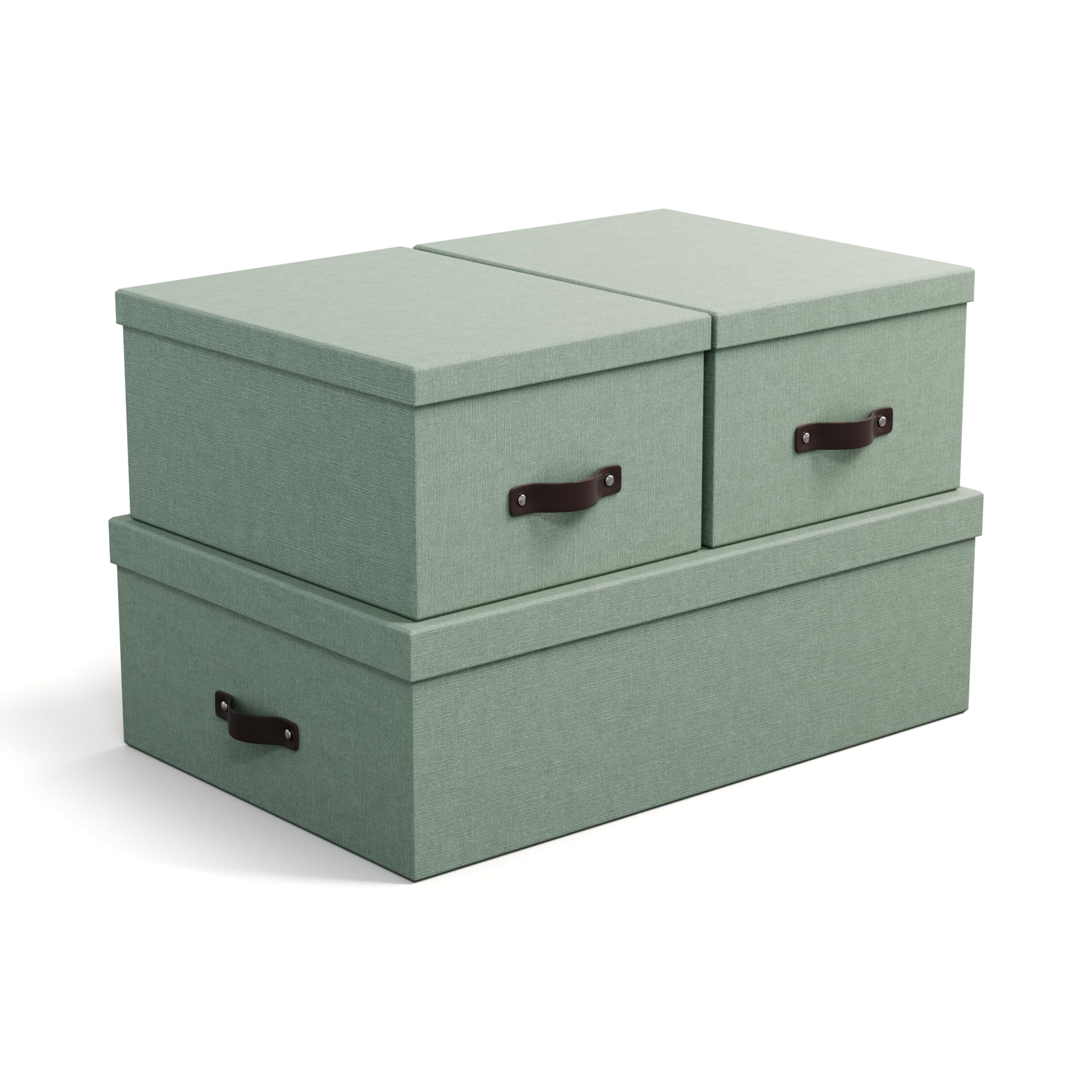 Bigso Box of Sweden INGE Juego de 3 cajas de almacenamiento para dormitorio, niños, trabajo o cuarto de baño, caja organizadora con tapa, cajas de almacenamiento con aspecto de lino, color verde menta