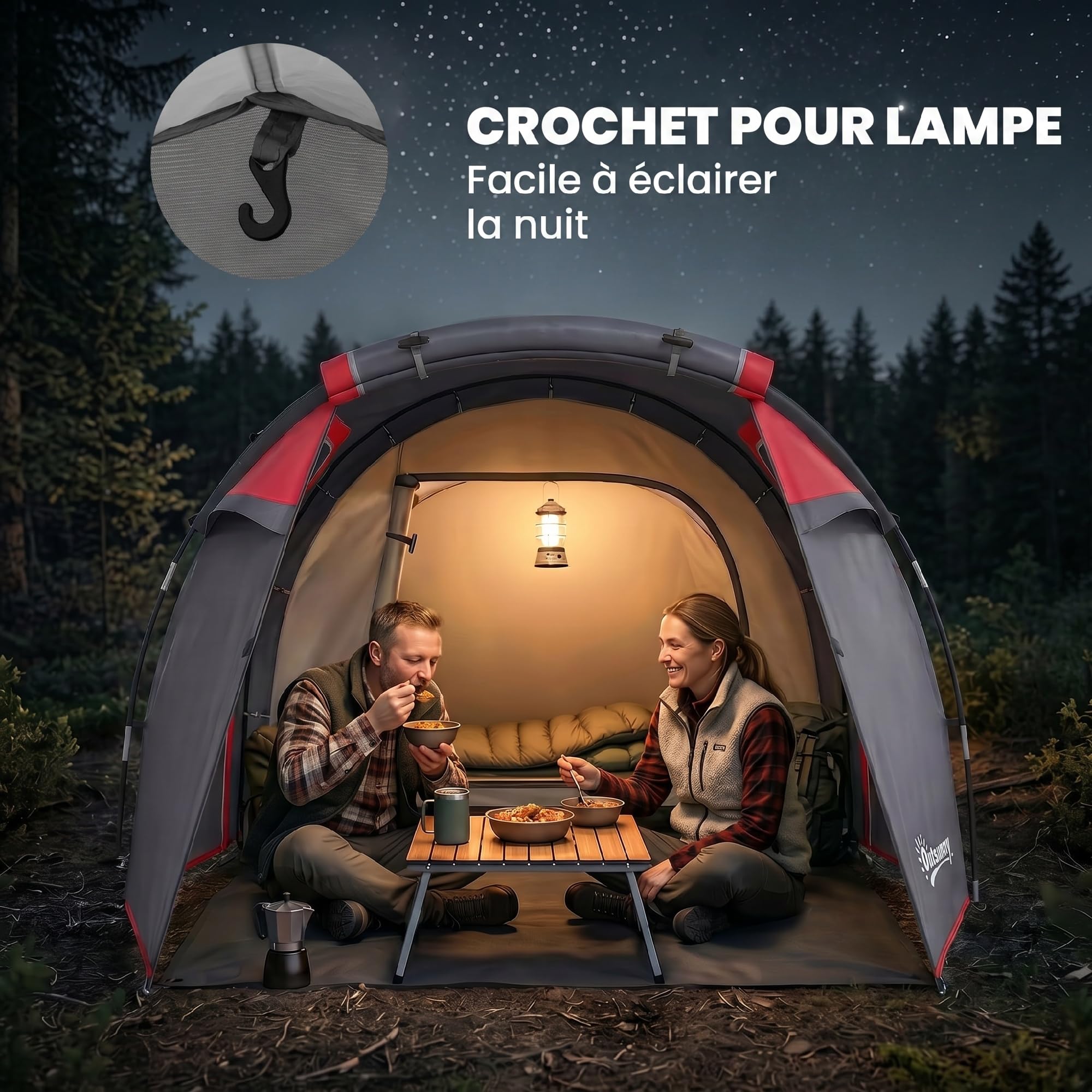 Outsunny Tente de Camping familiale 2 Personnes Tente Tunnel ventilée Facile à Monter Chambre Salon 3 Portes fenêtres 4,26 x 2,06 x 1,54 m Fibre Verre Polyester PE