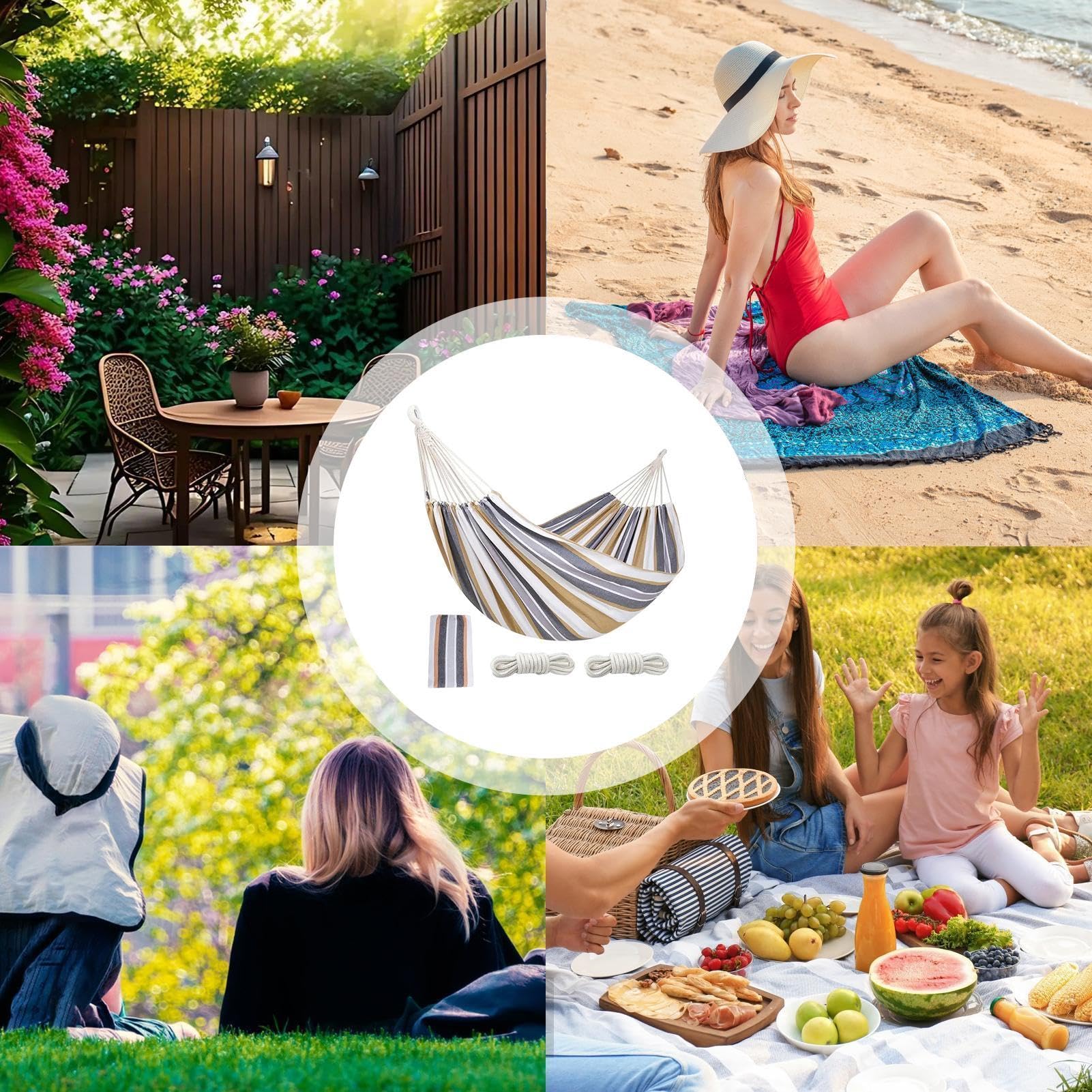 Hamac De Camping À Tissu Épaissi Robuste À Rayures, Facile À Transporter | Hamac de Plage Sac Organisateur Résistant Inclus pour Intérieur Extérieur Jardin Patio Plage Camping et Randonnée