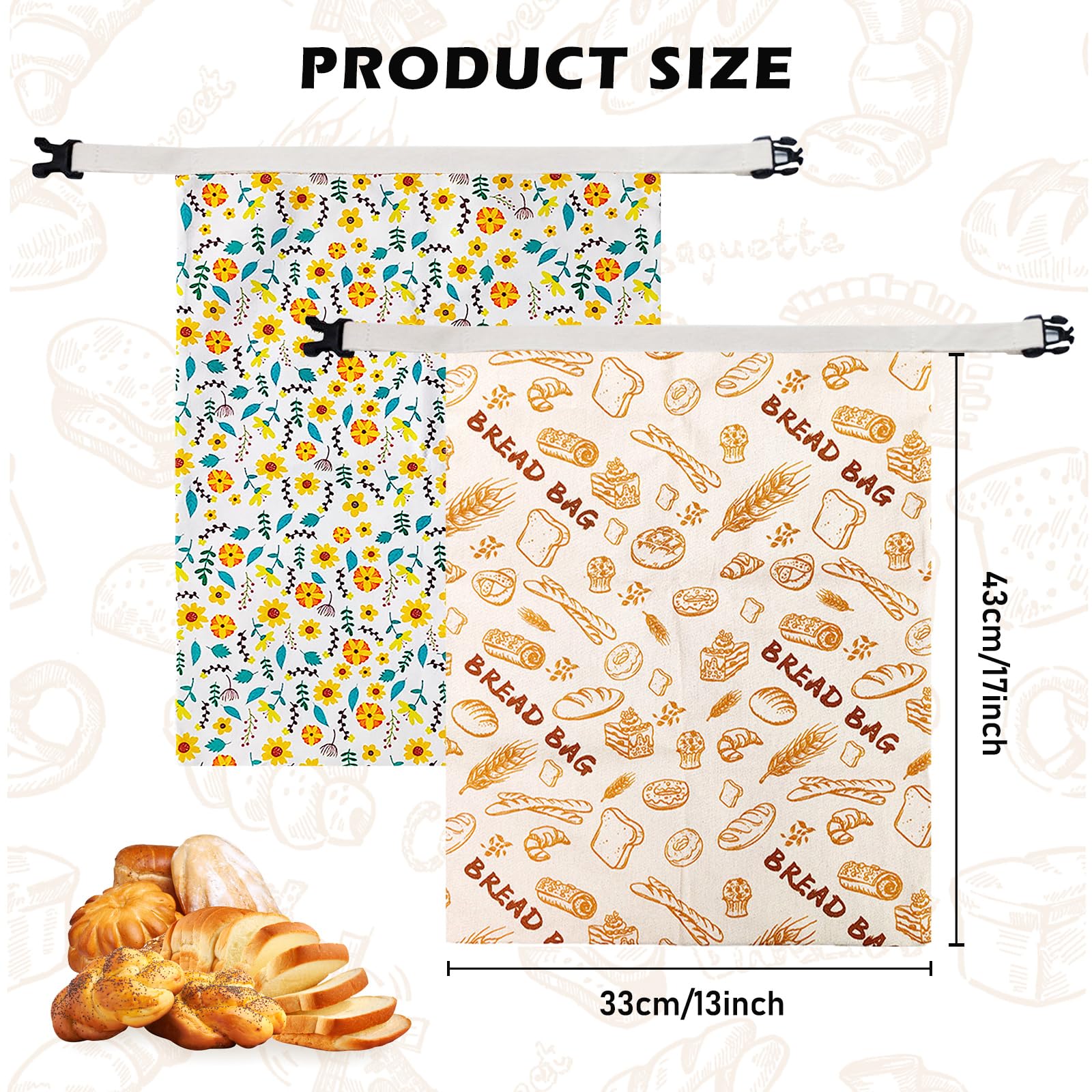 2 sacchetti riutilizzabili in cera d'api per il pane, 43 x 33 cm, in cotone, sacchetti per il pane con panno di cera d'api, fodera interna, grande borsa per il pane, lavabile per pane e prodotti da