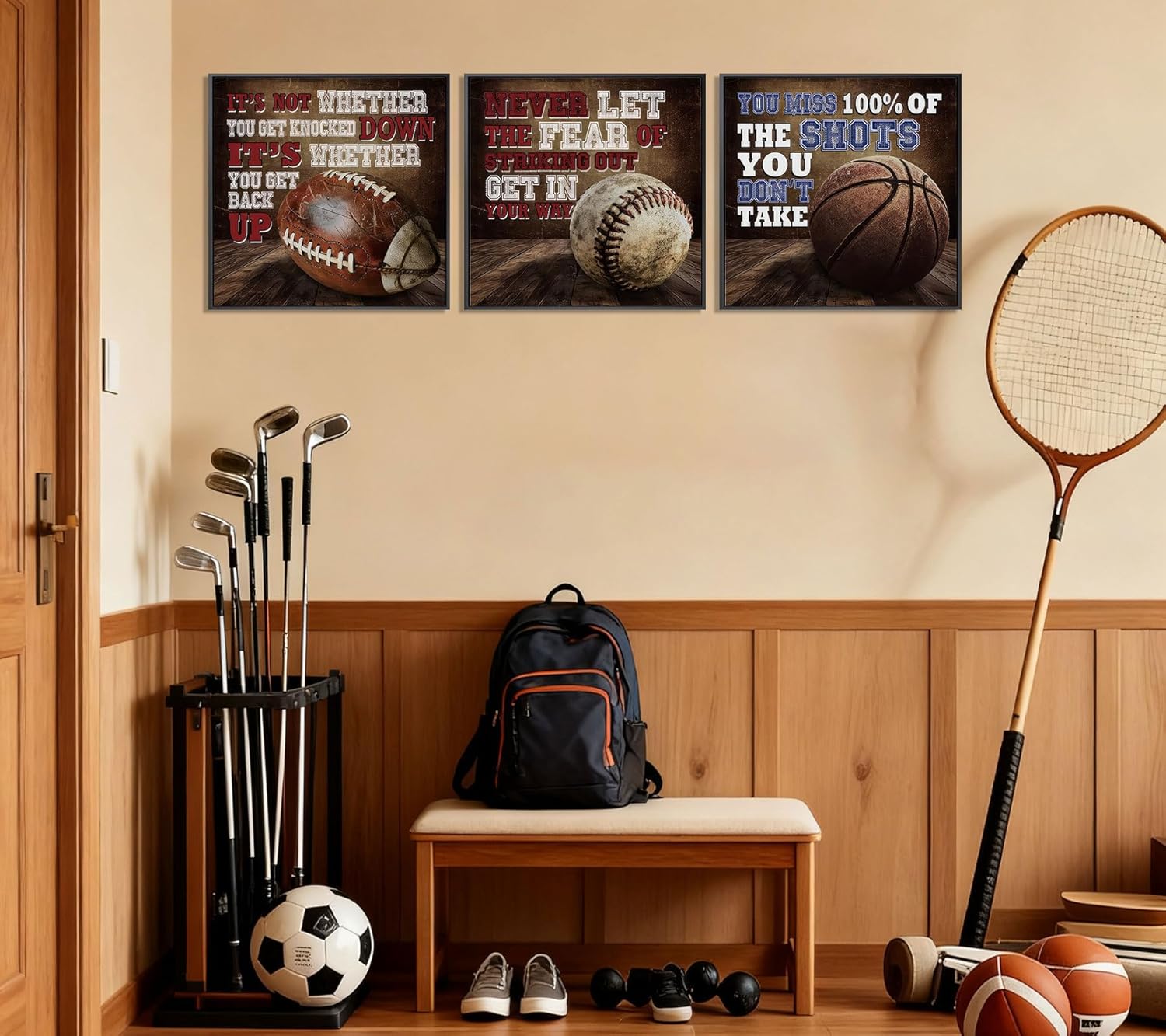 3Pcs Sports Inspirational Canvas Wall Art Boys Room Paintings Wall Decor Vintage Basketball Baseball Football Pictures Poster Prints for Nursery Game Room Gym Decorations 12x12in Unframed - Image 3