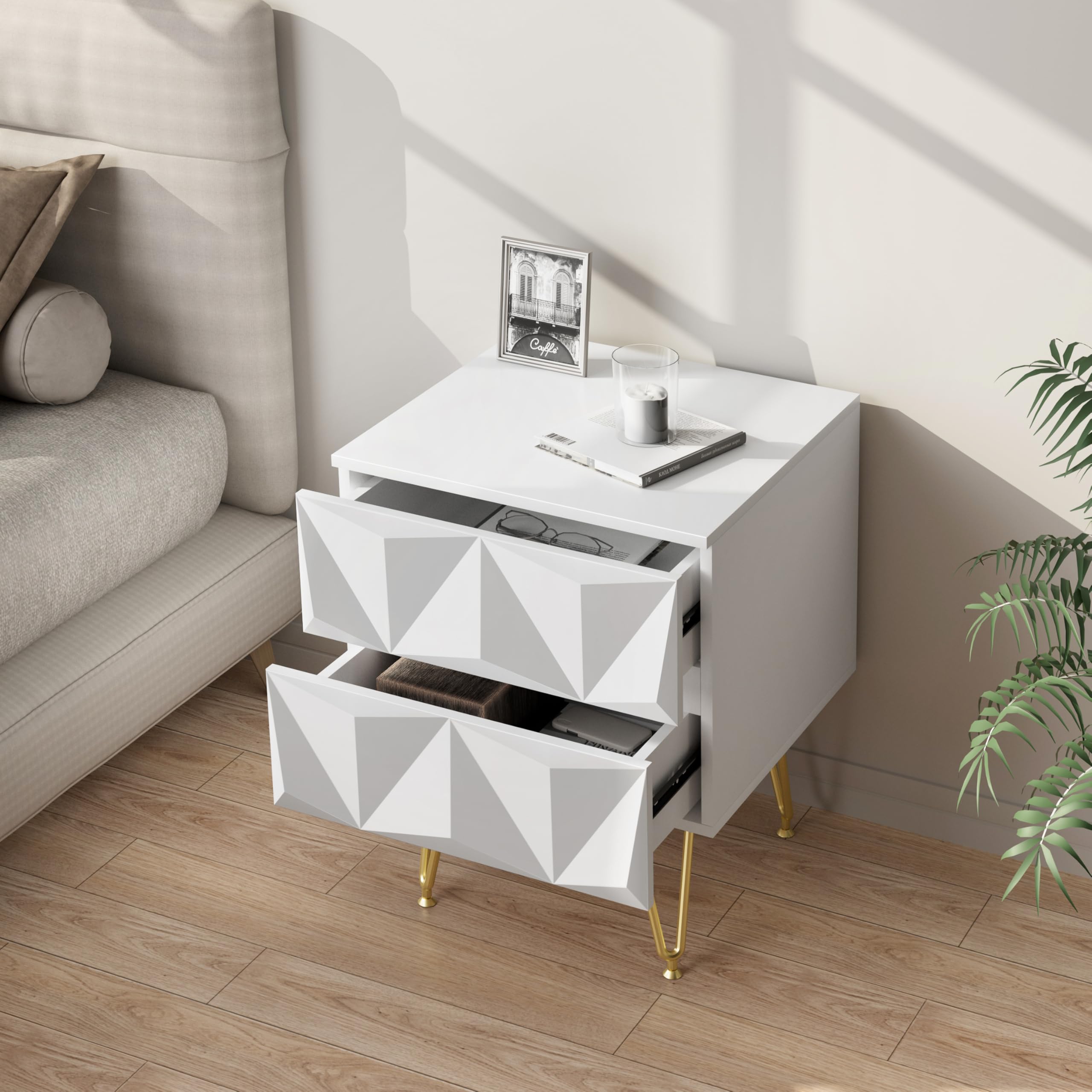 EUGAD Set di 2 Comodino per Camera da Letto, Comodino Bianco con 2 Cassetti e Gambe Dorate, 40x40x53cm, Tavolino da Salotto, Divano, Cameretta, Frontale in Rilievo, in Legno e Metallo, 0001CTG-2