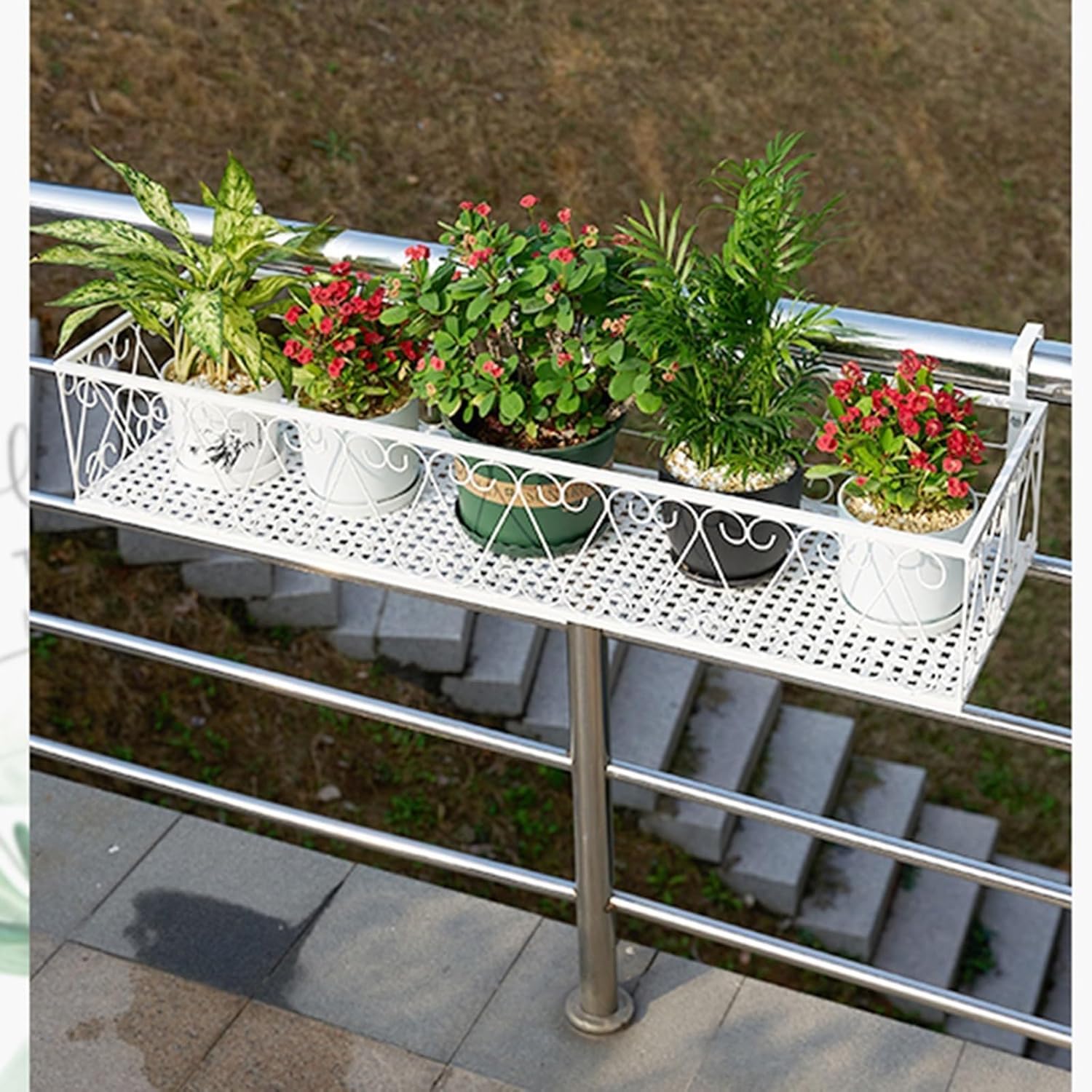 Outdoor Railing Planter - Versatile Fence Planters & Hanging Flower Pot Stand, Stylish Black & White Plant Shelf, 100x30x18cm for Beautiful Garden Display