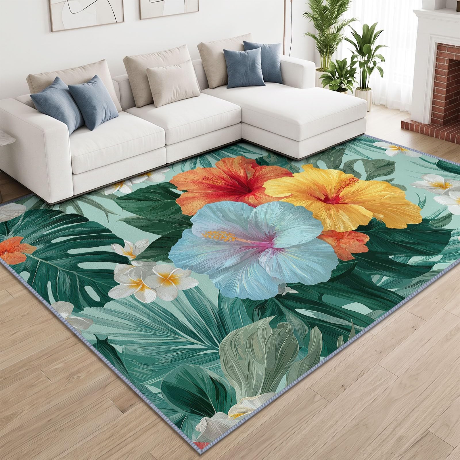 Tapis en Flanelle Douce 160 x 230 cm Feuilles Tropicales D'Hibiscus Palmier Tapis de Salon, Antidérapant et Lavable en Machine – Idéal Chambre – Poils Courts Facile à Nettoyer, Regardez Le Vert