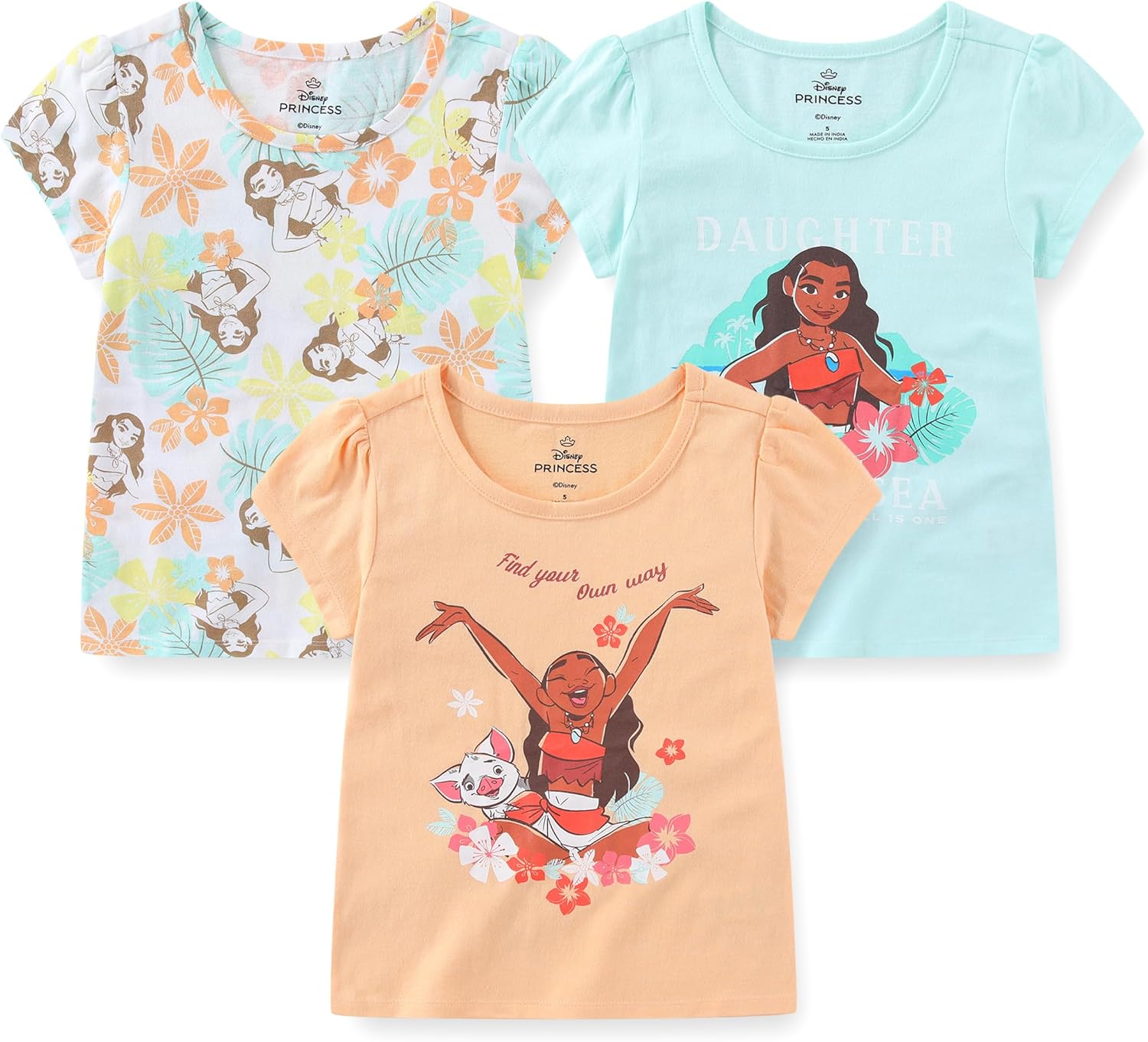 Disney Moana Girls 3 Pack Short Sleeve T-Shirt for Toddlers and Big Kids