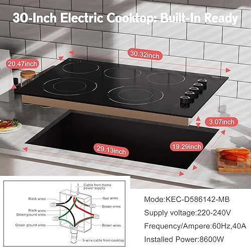 Miniatura 8 de Placa eléctrica de 30 pulgadas, 5 quemadores Karienvir, estufa eléctrica integrada de 8600 W, estufa de 30 pulgadas con quemador de doble anillo,