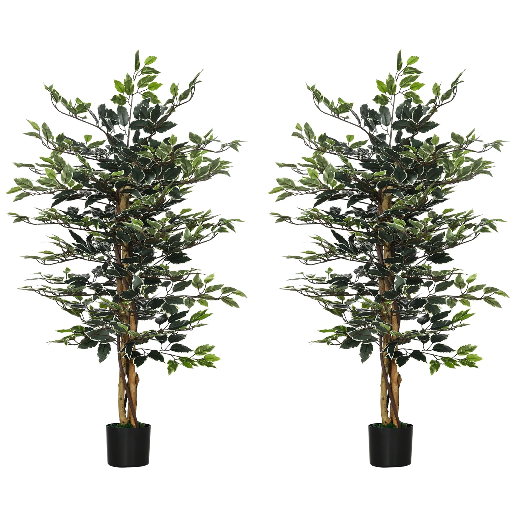 Homcom Green Artificial Ficus Tree In Pot, 130Cm Tall Fake Plant With Lifelike Leaves And Natural Trunks, For Indoor Outdoor, Set Of 2,