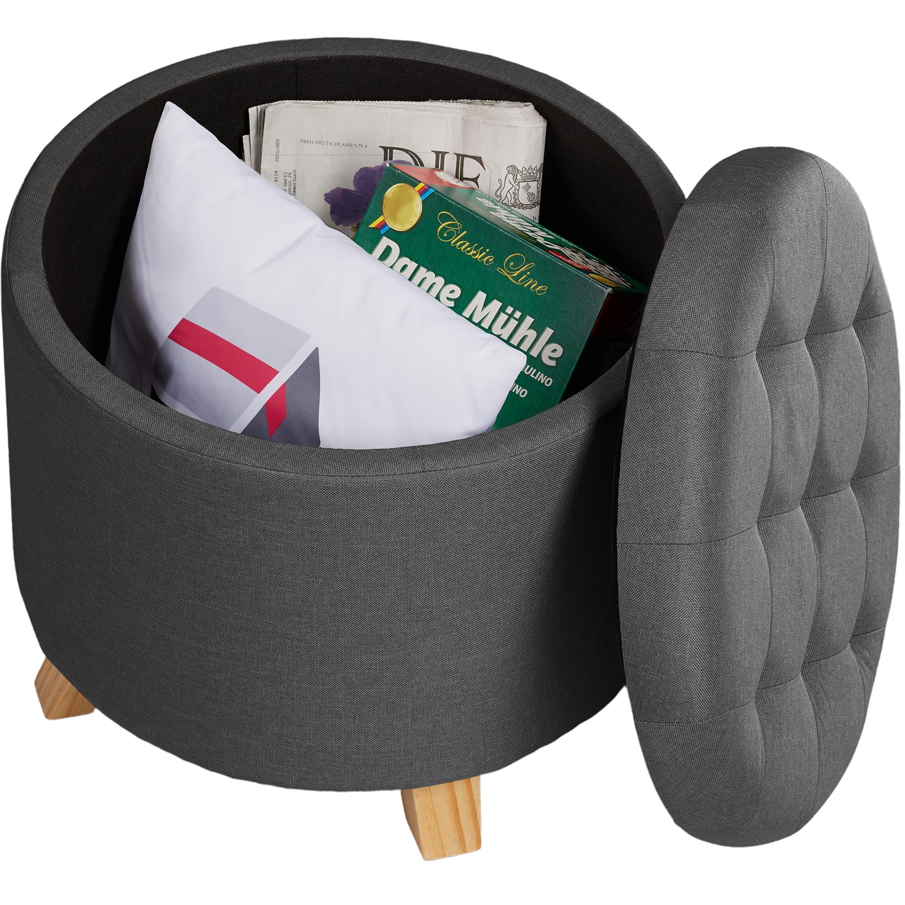 tectake® Puff Almacenaje con Acolchado Efecto Lino, Patas de Pino con Fieltro, Ideal como Puff Salon en Dormitorio, Taburete Reposapies o Taburete Tocador - 44,5 x 44,5 x 41,5 cm Gris Oscuro
