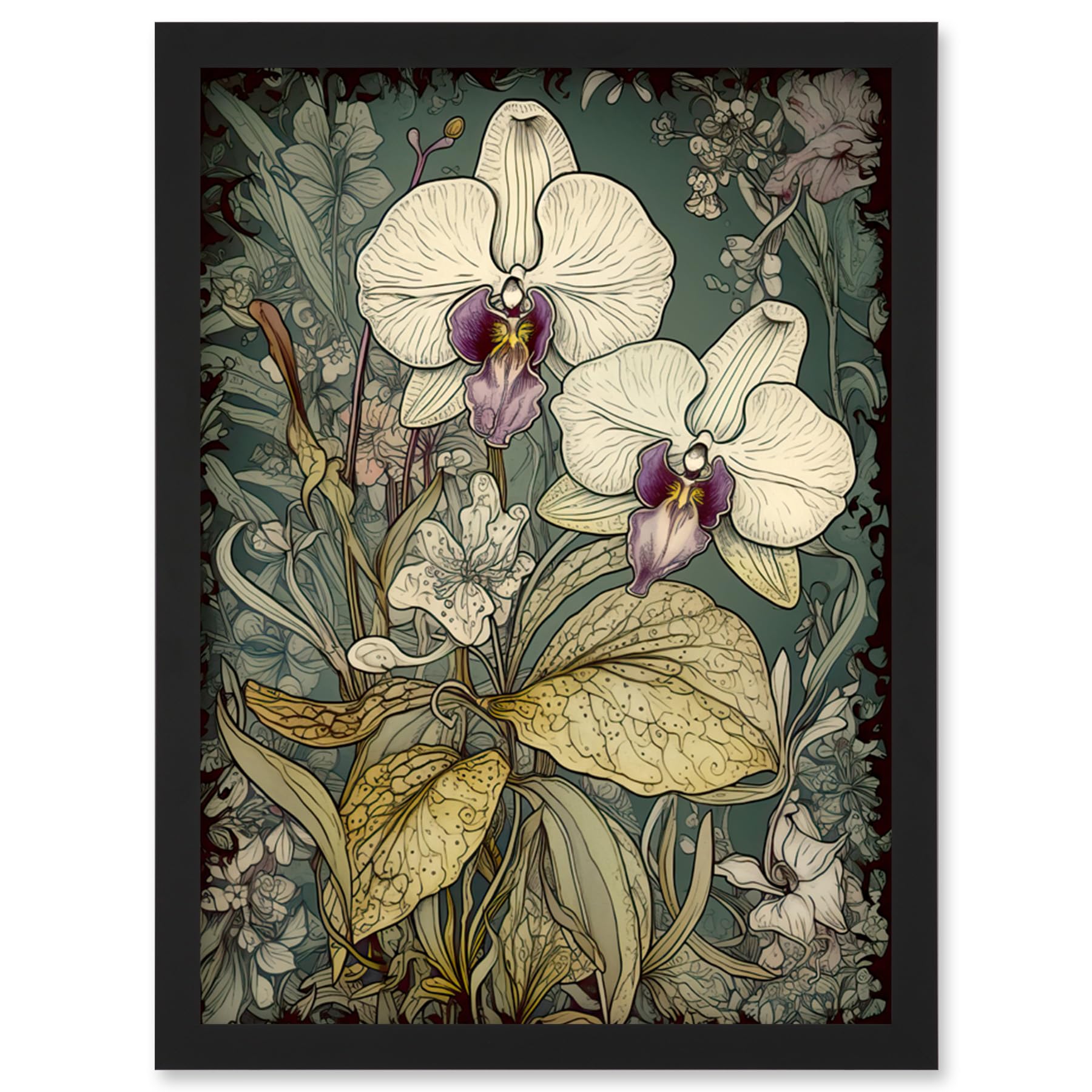 Artery8 William Morris Style White and Purple Orchid Artwork Framed Wall Art Print A4