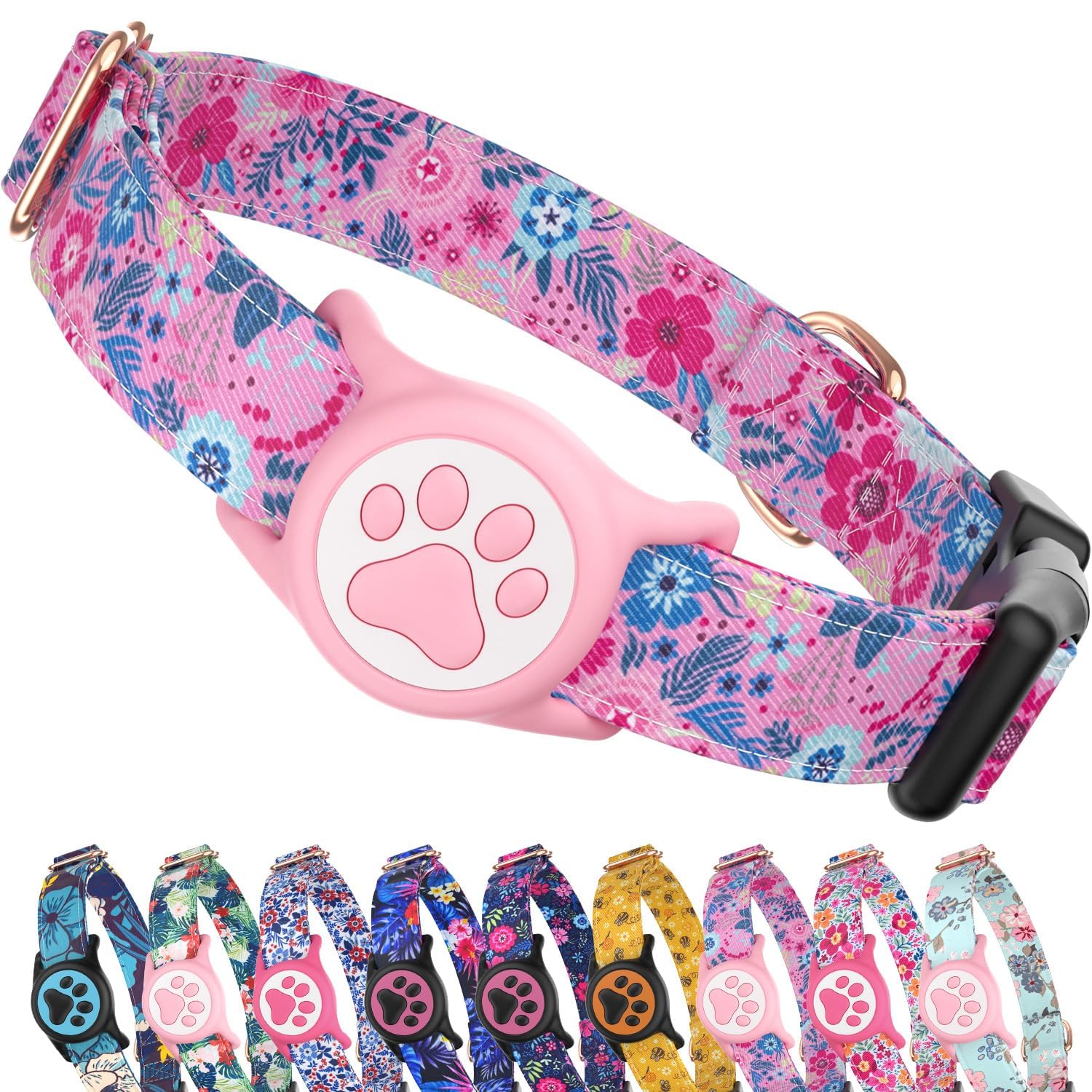 WhoseID Airtag Dog Collar,with Waterproof airtag Holder，Original Stylish Cute Pattern Design.QR Code ID Buckle，Comfortable Soft Cotton for Small Medium Large Dogs