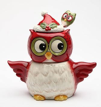 Cosmos Gifts 10909 Fine Ceramic Hand Painted Christmas Owl in Santa Hat Sugar and Creamer Set with Spoon, 5-1/2" H