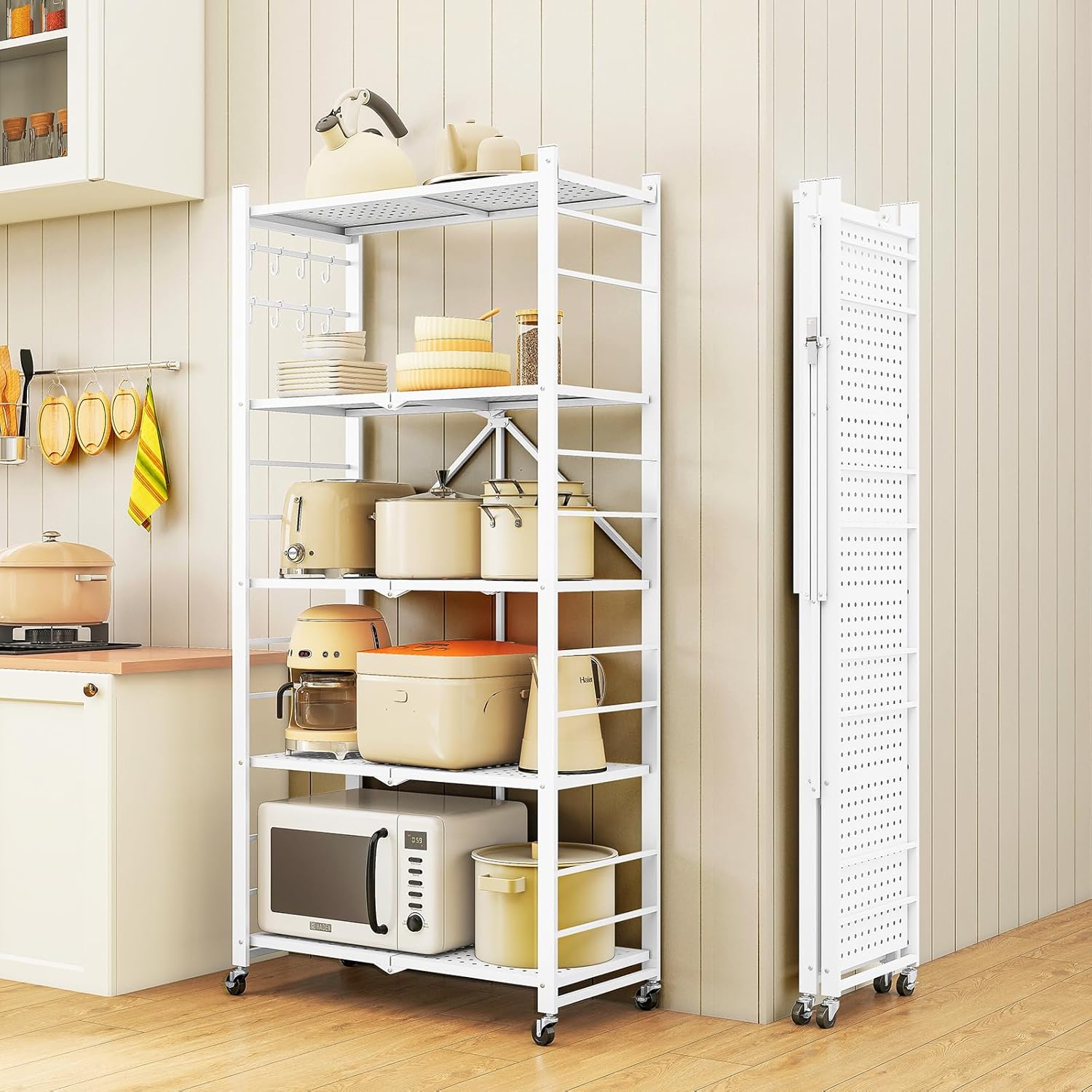 5-Tier Folding Metal Storage Shelf with Wheels & Hooks, Heavy Duty Utility Rack, No-Assembly Collapsible Organizer for Kitchen, Garage, Office, Living Room – 750 lbs Capacity, Black (White, 5-Tier)
