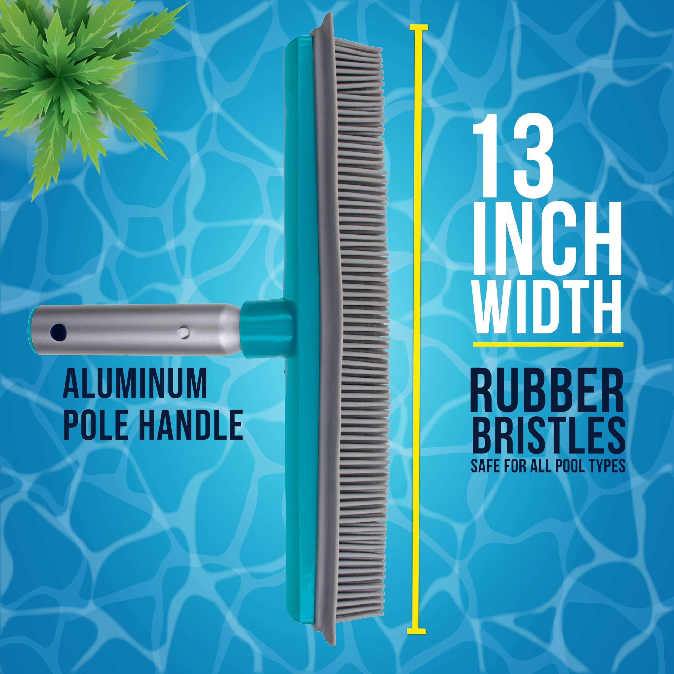 U.S. Pool Supply Cepillo de piscina de 13 pulgadas con cerdas de goma y borde de escobilla de goma, seguro para revestimientos de vinilo, ideal para piscinas sobre el suelo, mango de poste de aluminio