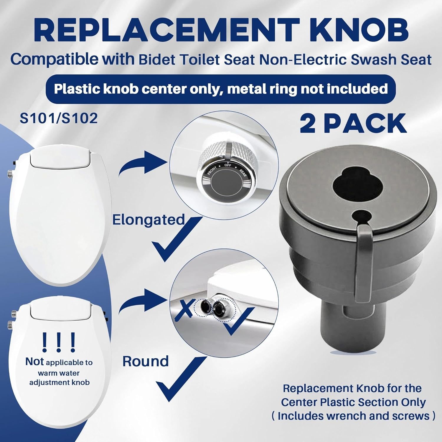 2 Pack Replacement Knob Compatible with Brondell Bidet Toilet Seat, for Non-Electric Swash Seat, Injection Moulding,ABS Material, （Plastic Knob Center Only, Metal Ring Not Included）Black