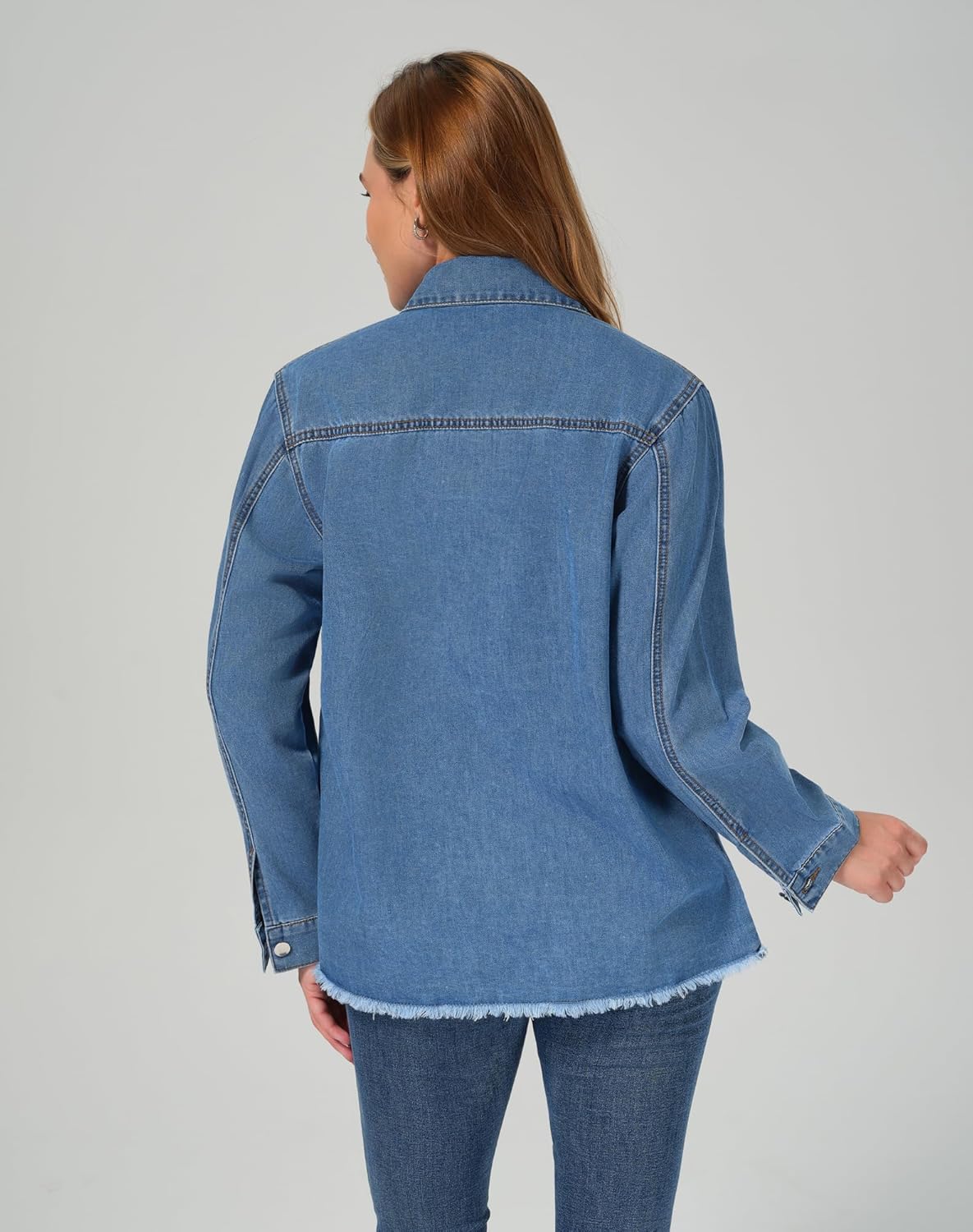 roswear Women’s Denim Shirt Long Sleeve Fringe Casual Distressed Jean Shirts Fall Clothes - Image 3