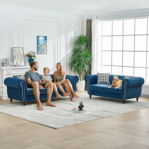 Miniatura 1 de Juego de 2 sofás de terciopelo negro moderno de mediados de siglo, sofá y sofá biplaza con botones copetudos, muebles para la sala, cómodo sofá