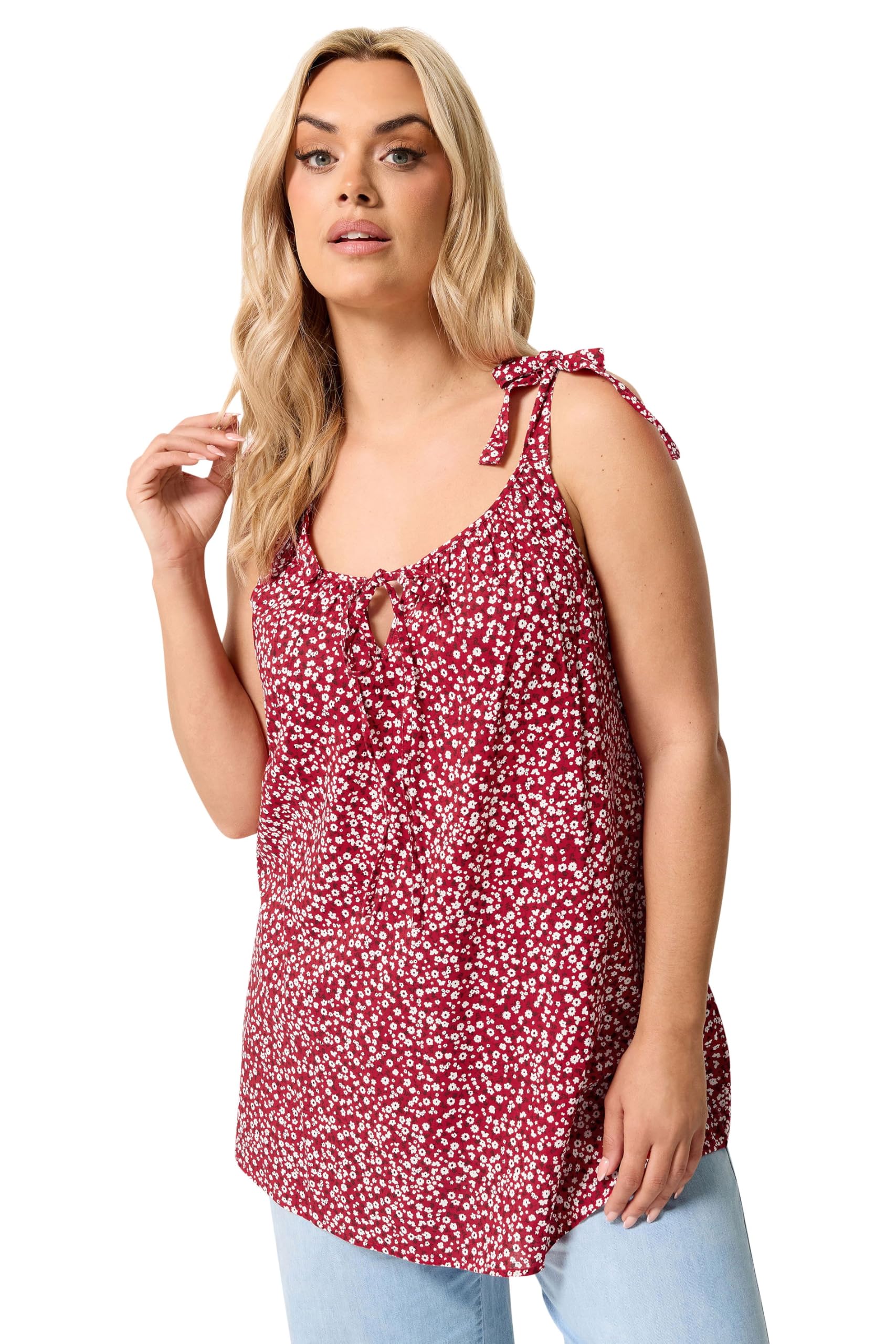 Yours Women's Dark Red Curve Red Ditsy Floral Strappy Vest Top - Plus Size Curve