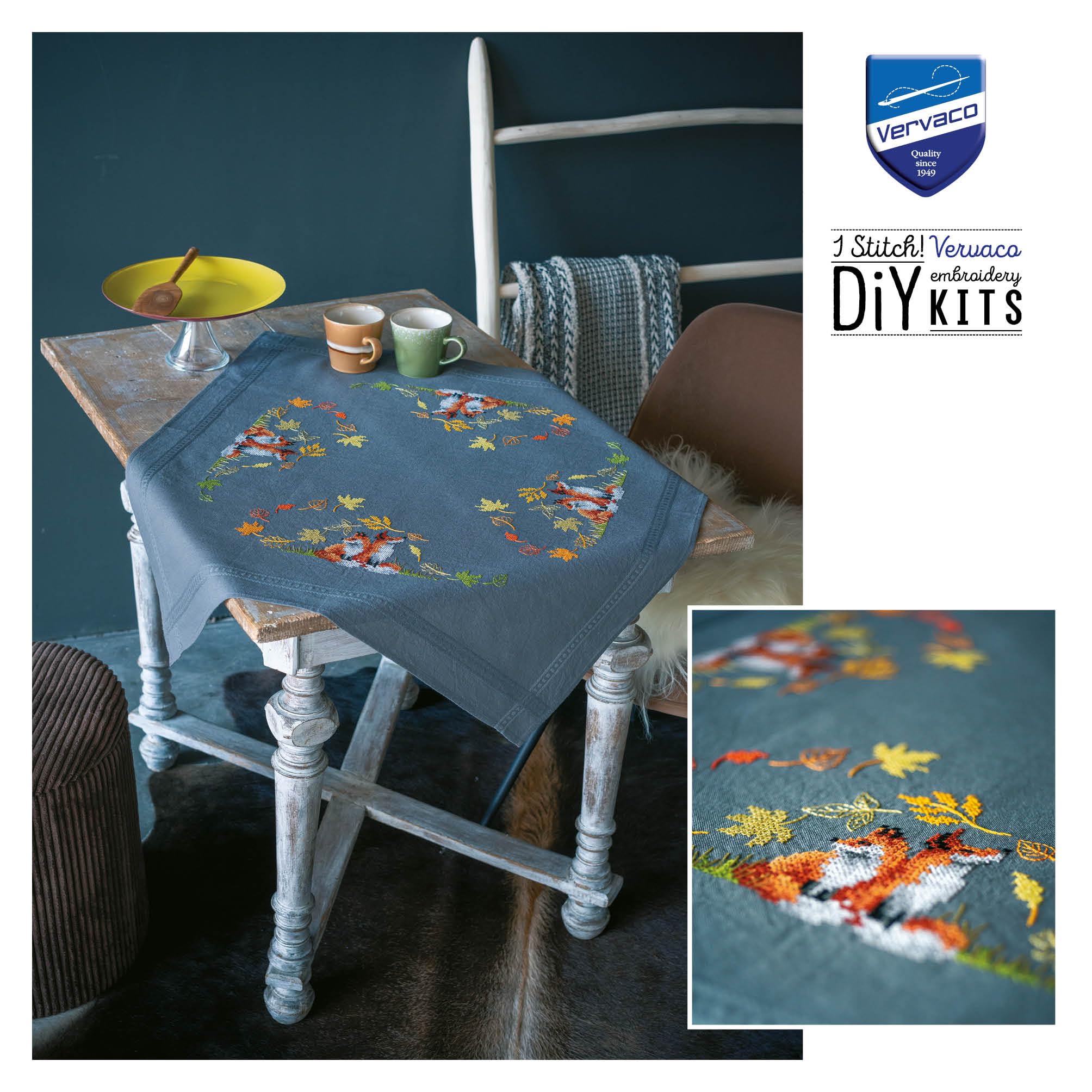 Vervaco Kreuzstich Stickpackungen Tischdecke Füchse im Herbst Stickdecken Vorgezeichnet Basteln Erwachsene Kreativ Set Vorgedruckte Decke Sticken 80 x 80 cm Stickset DIY Sticken Set