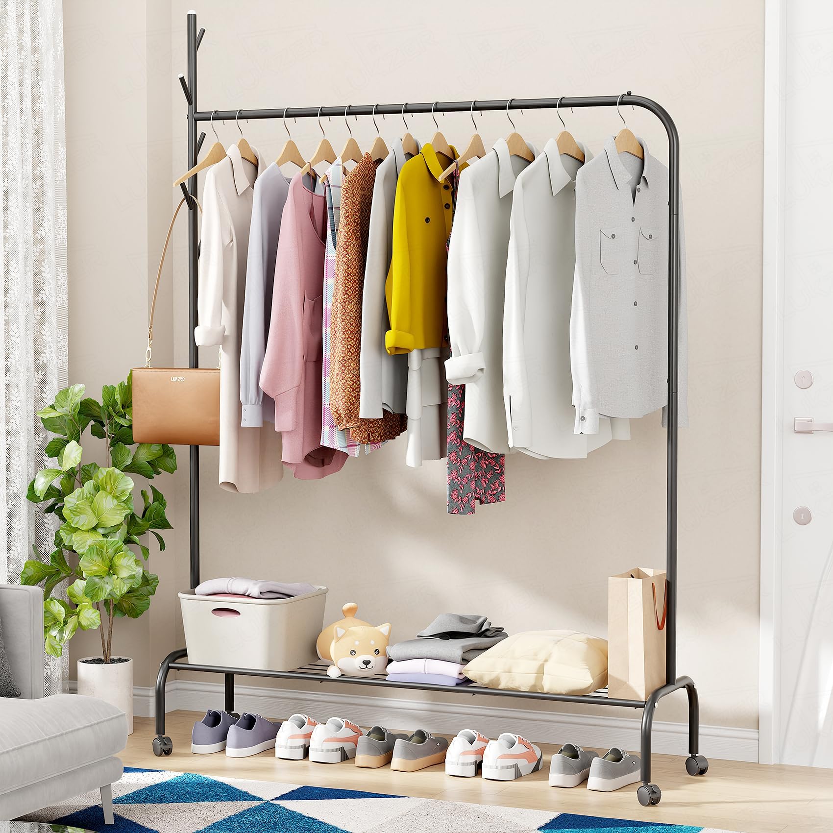Lukzer | MGR-007 | Black | Heavy-Duty Metal Garment Rack with Wheels & Bottom Shelf – Single Pole Clothes Stand & Organizer for Bedroom, Hallway, Laundry Room, Entryway & More | 34 x 110 x 172 cm