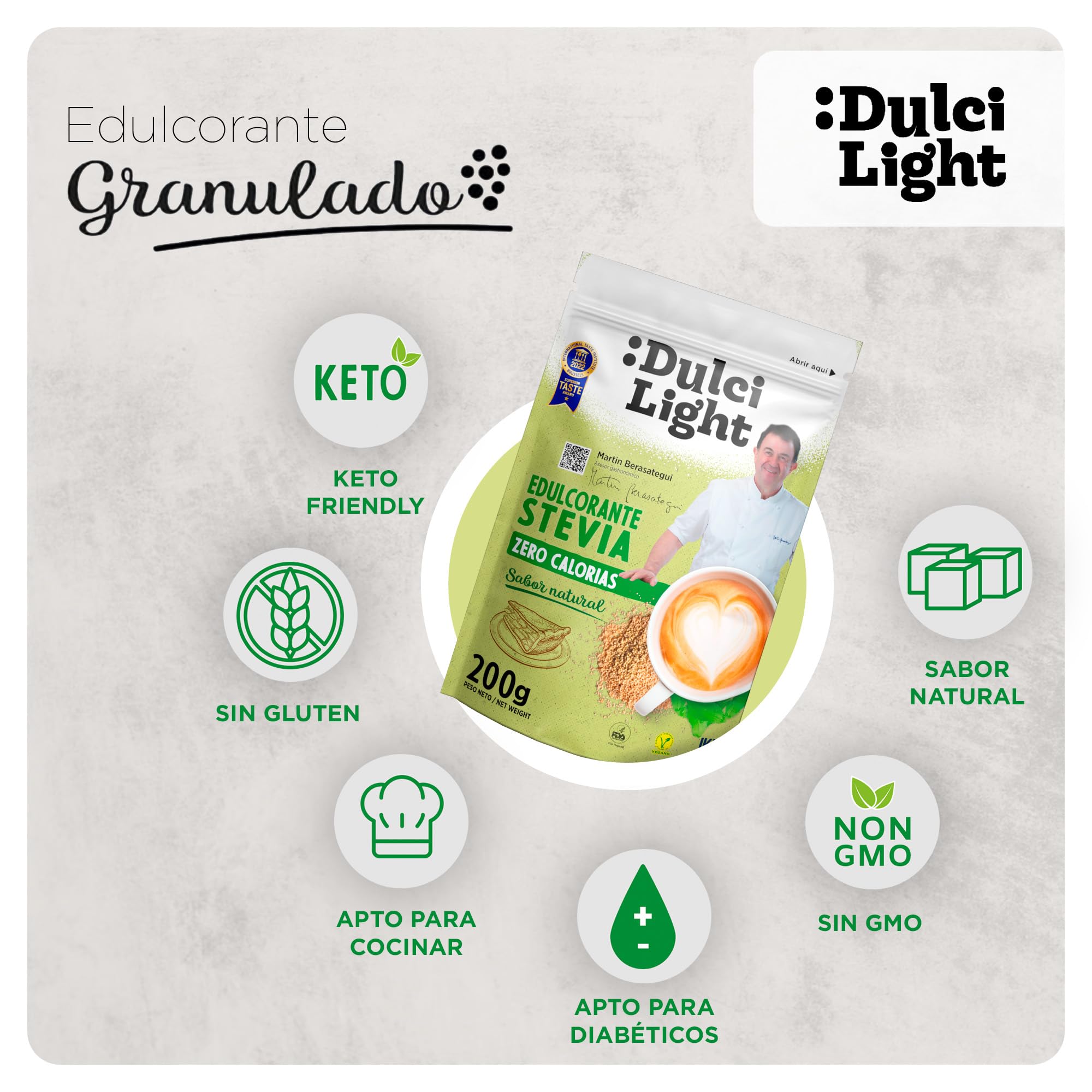 Dulcilight Estevia Granulada Doypack 200g Stevia 100% Sabor Natural Zero Calorías Edulcorante Sustituto del Azúcar No GMO Keto Vegano