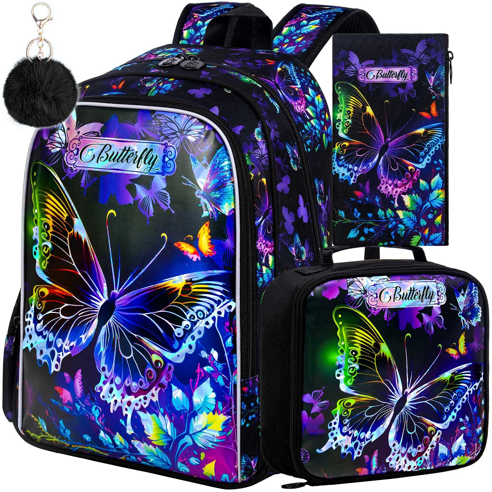 TXHVO 16" Butterfly Backpack for Girls, 3Pcs School Bookbag with Lunch Box, Kids Backpacks Set for Elementary Preschool Kindergarten(Black)
