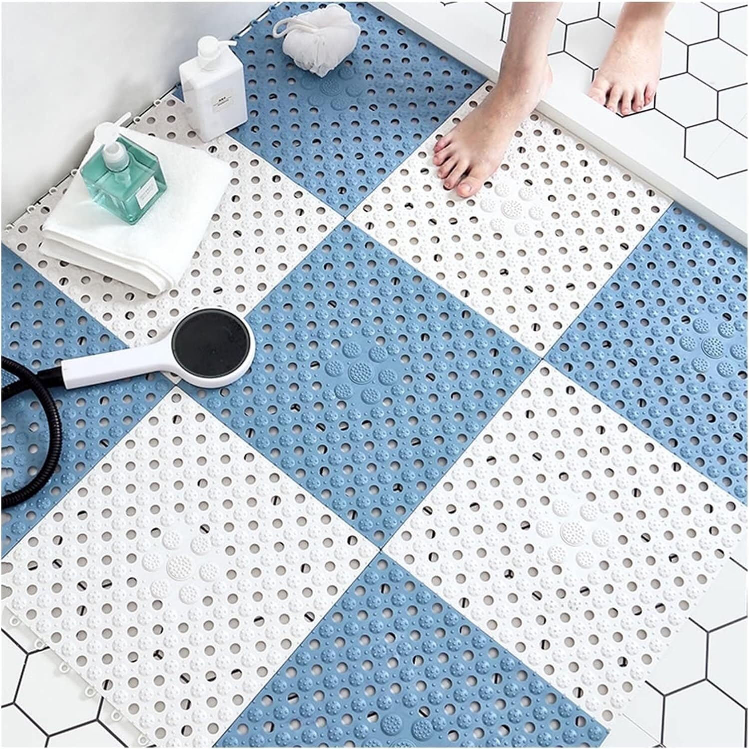 BHGFYXBS Bathroom Drainage Anti-Slip Mat Shower Floor Mat Cuttable Swimming Pool Restroom Wet Area Carpet, 11.8X11.8In,Blue+white-18pcs