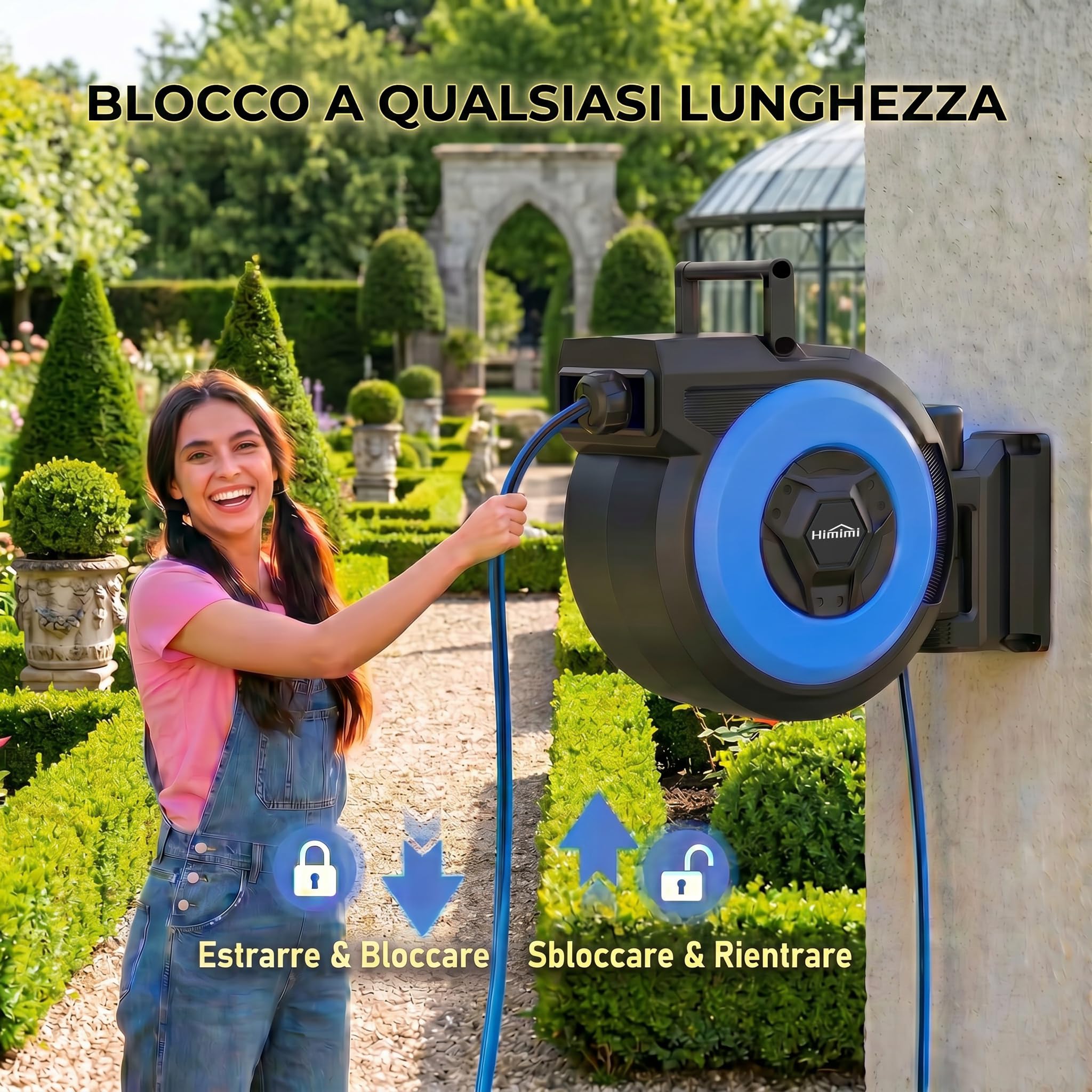 Himimi Avvolgitubo Giardino Ritraibile 30+2m Parete Automatico, Avvolgitubo Auto-Rewind con Pistola Spray 10 Funzioni, Girevole 180° per Pulizia & Irrigazione Esterna | retrattile, montaggio a parete, avvolgimento automatico
