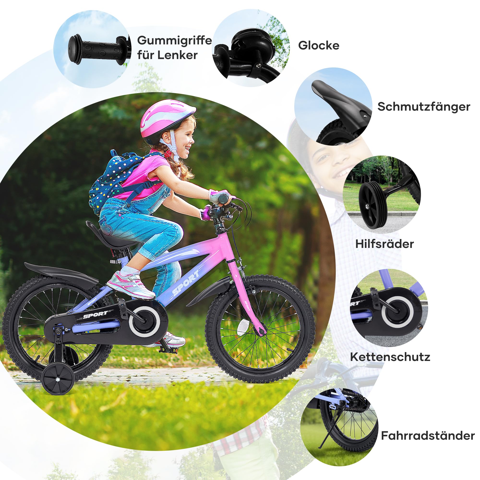 BODIOO Bicicletta per bambini da 16 pollici, per ragazzi e ragazze, con sedile regolabile, ruote di supporto, freno a mano, freno a contropedale e telaio robusto per conducenti da 104 a 117 cm (colore