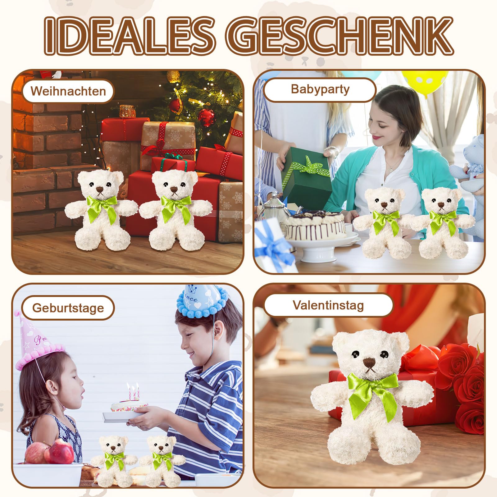 Juego de 16 osos de peluche de 25 cm, pequeños osos de peluche en color marrón claro y blanco con lazo, peluches suaves para abrazar, ideas de regalo y decoración de fiestas para cumpleaños