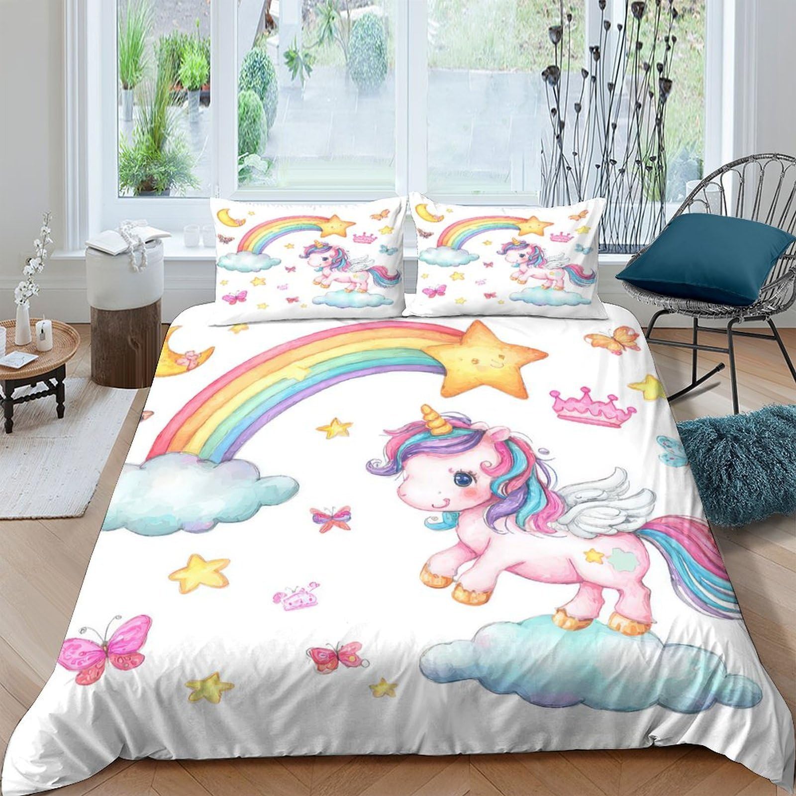 Ctjqhvkz Style-7 3D Printed Rainbow Unicorn Fitted Sheet Microfiber Non-Slip Star Cloud Bed Cover For Bedroom Guest Room Decor Single（135X200cm）