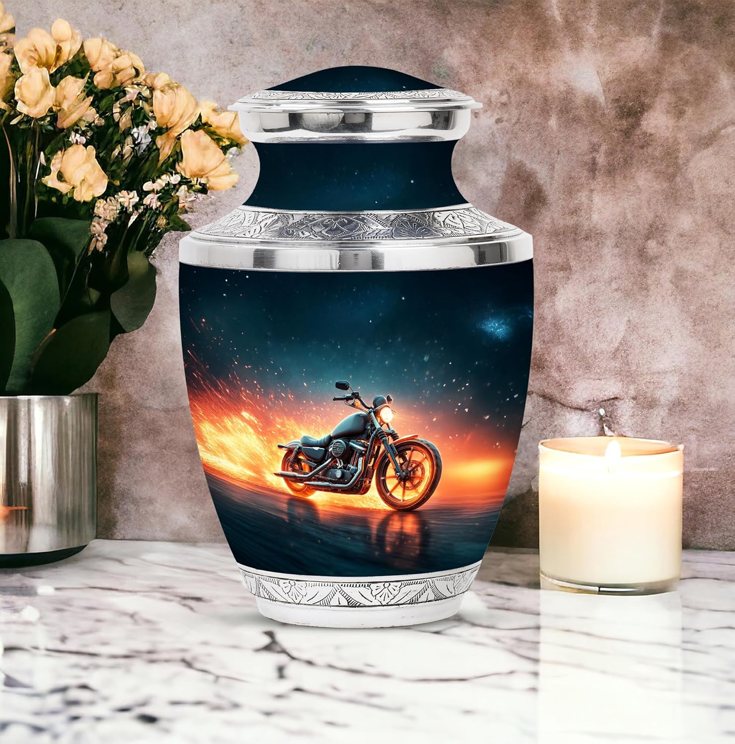 Motorcycle Funeral Urn for Adult Male and Female Remains - Large Memorial Ash Urn - Green Adult Urns for Human Ashes Men and Women 10 Inch - Burial Urns for Human Ashes