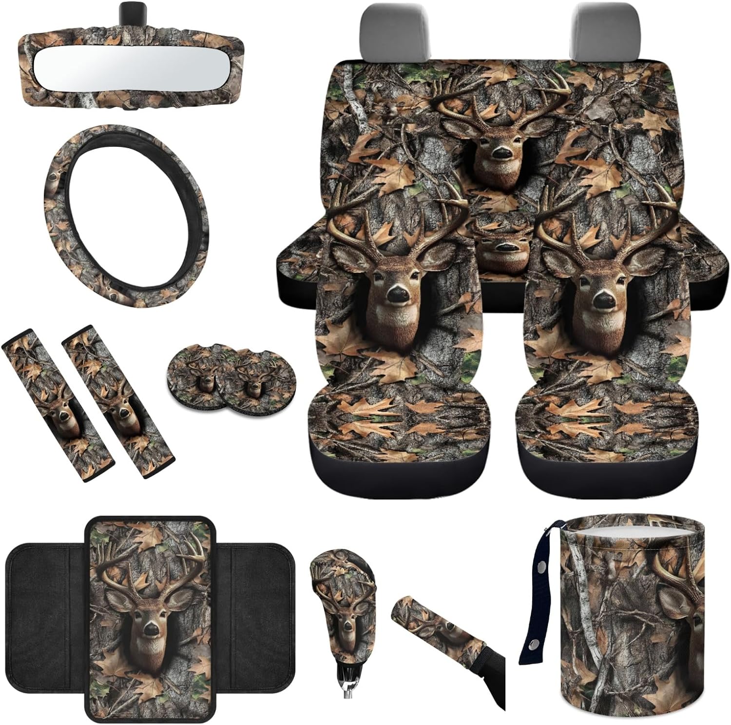 CLOHOMIN Deer Front Rear Car Seat Covers Full Set Camo Hunting Steering Wheel Cover Seat Belt Pads Coasters Waste Bin Armrest Cover Cup Holders Rearview Mirror Cover Handbrake Cover Set, 14 Pack