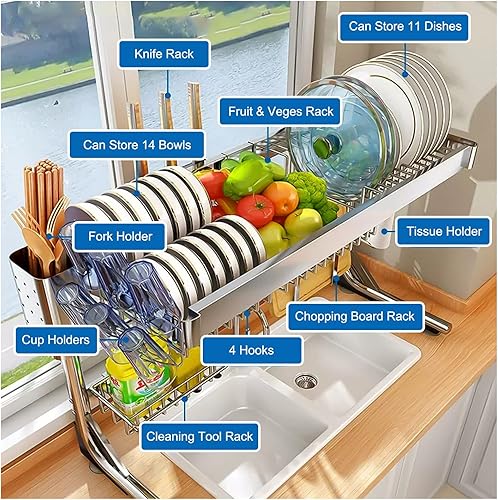 Miniatura 5 de Escurridor de platos para colocar sobre el fregadero, escurridor de platos ajustable de 2 niveles, soporte organizador de fregadero con soporte para