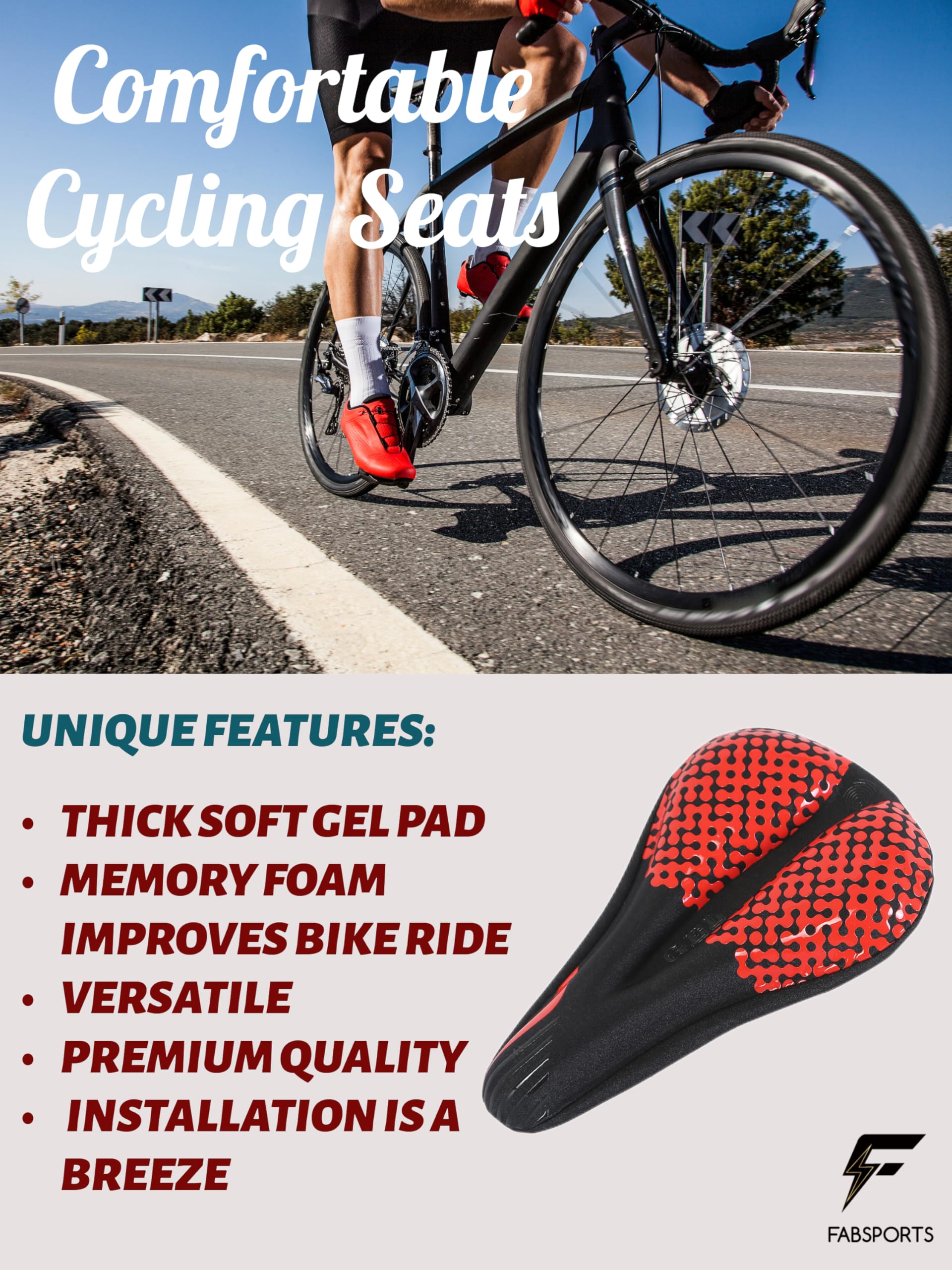 FABSPORTS Bike/Bicycle Seat Cover with Thick Soft Padded Gel & Memory Foam for Endurance and Long Rides for Cycling, Spinning Class, Exercise Bike etc | Cameo Black & Red 2
