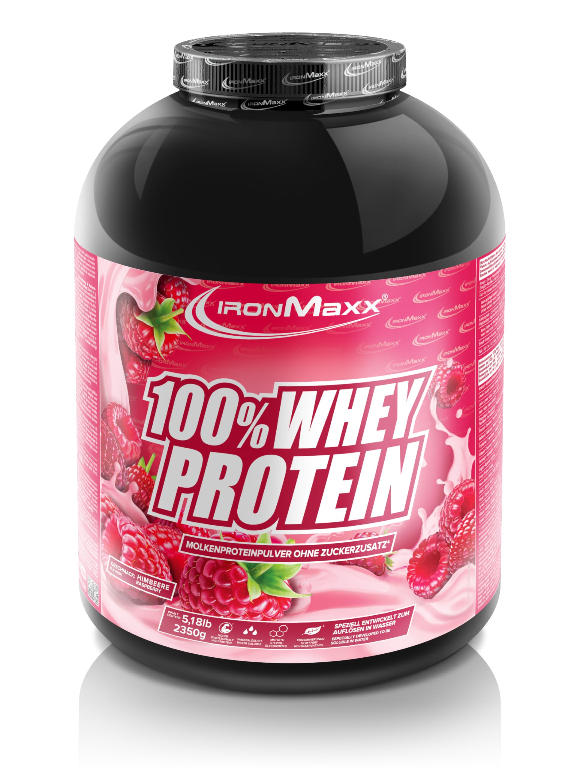IronMaxx Proteina de Suero 100% Whey en Polvo 2350 g Sabor Frambuesa - Batido Proteico Cremoso con BCAA y EAA - Alto en Proteinas, Bajo en Azucar y Carbohidratos - Para Entrenamiento y Fitness