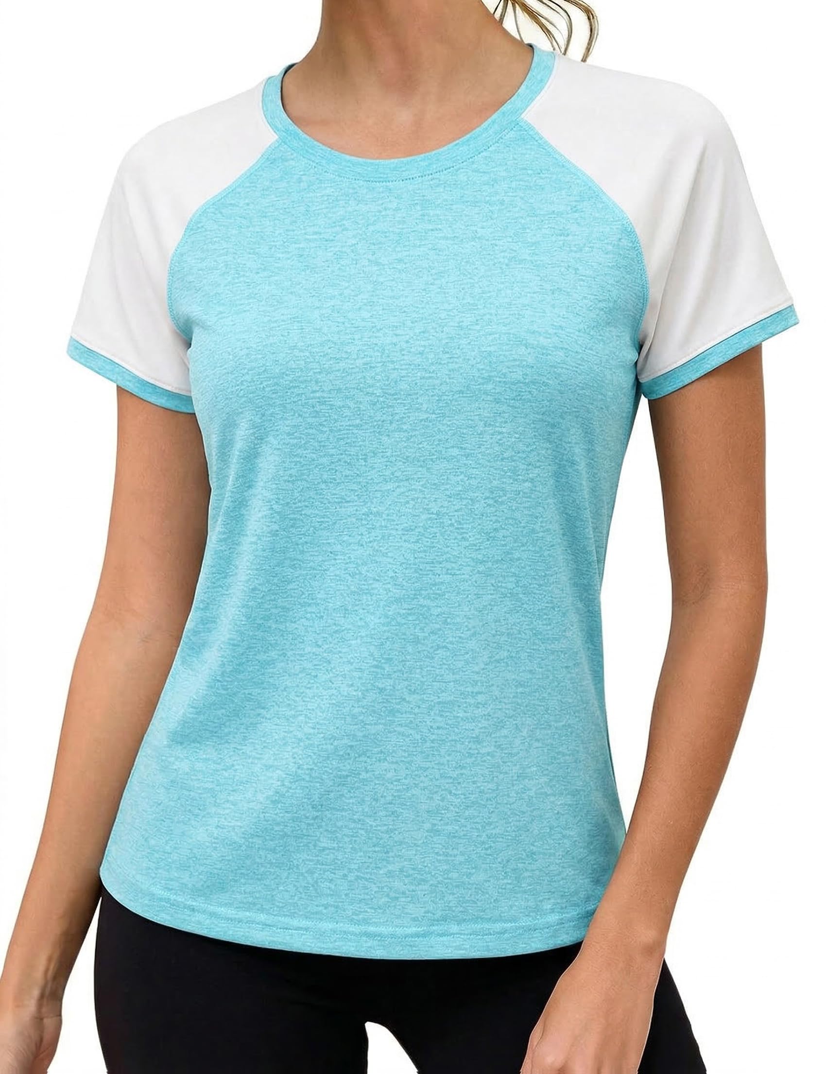 Wayleb Sport Tshirt Damen Fitness Klassischer Rundhals Kurzarm Farbblock Ärmel Sportshirt Atmungsaktiv Workout Running Activewear