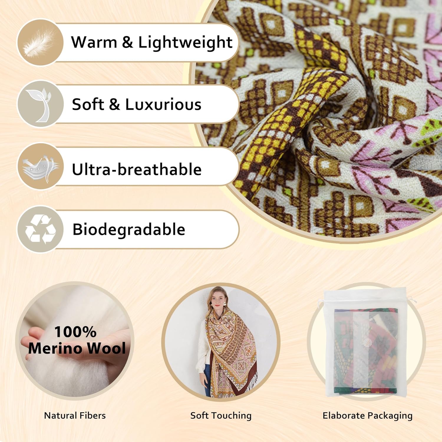 DANA XU 100% Merino Wool Pashmina Shawl for Women 96"x43", Oversized Cashmere Wrap with Tassels, Floral Travel Blanket Cape - Image 3