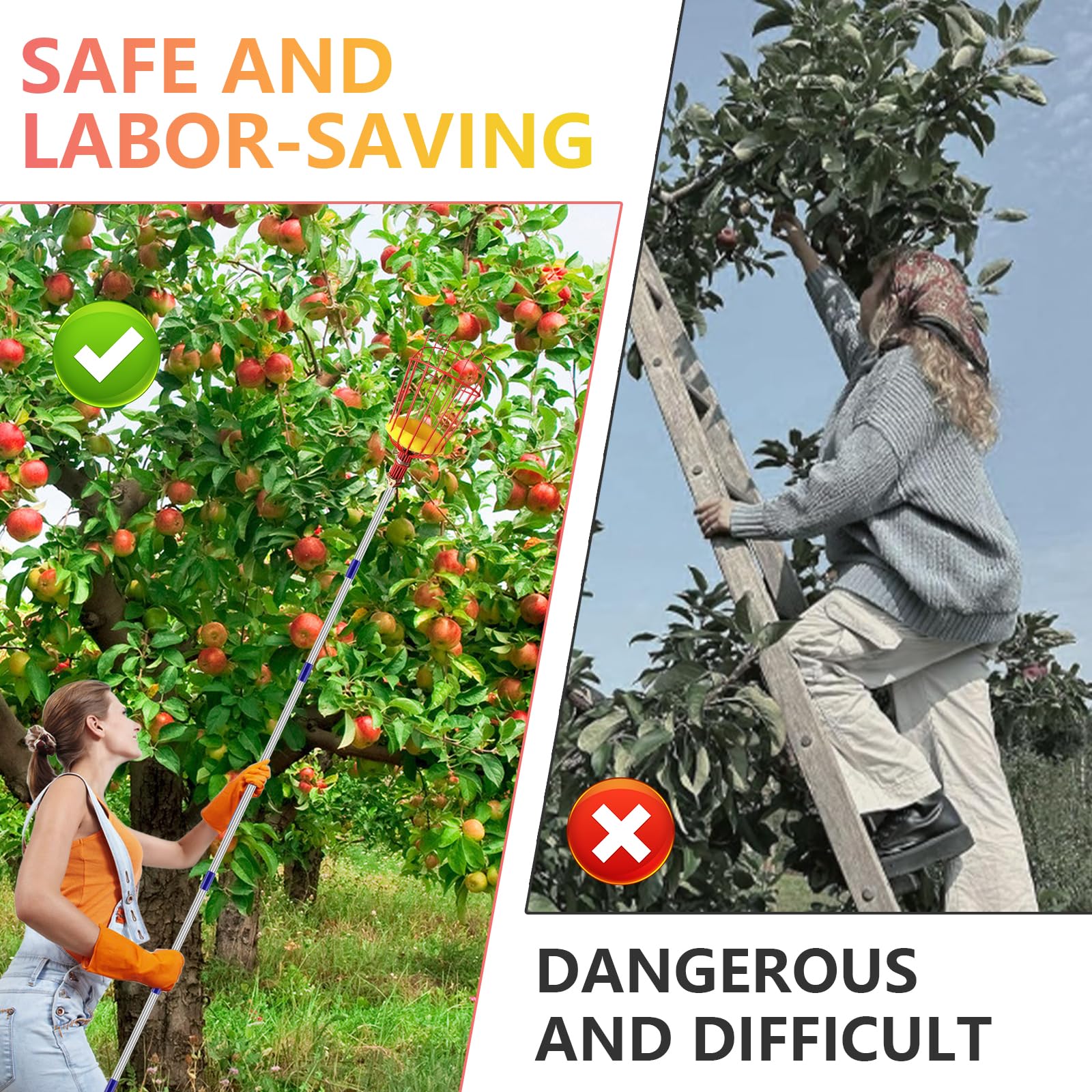 Strumento raccoglifrutta da 4,3 m, asta estensibile per raccogliere la frutta, con grande cesto avvitabile, lunghezza 2,3 m/3,3 m, regolabile in acciaio inox, attrezzi da giardinaggio per raccogliere