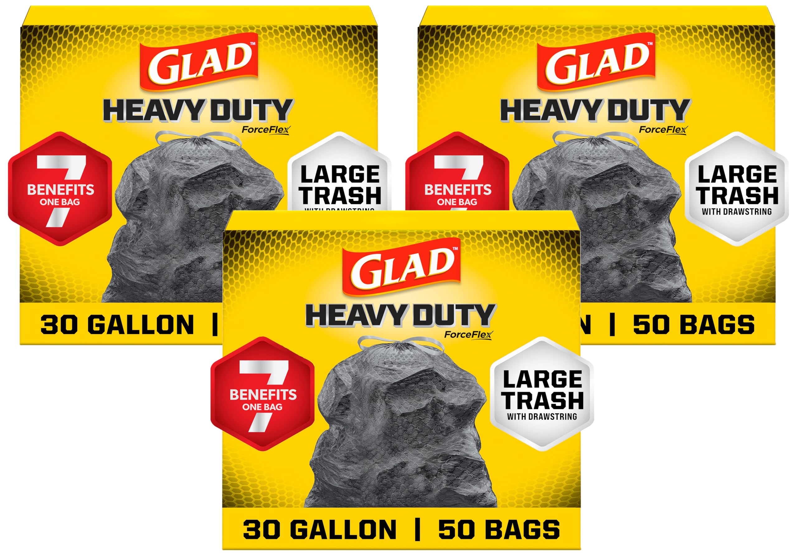Glad Large 30 Gallon Trash Bags,Unscented Heavy Duty Garbage Bags,Forceflex with Drawstring,(Packaging May Vary), 50 Count (Pack of 150)
