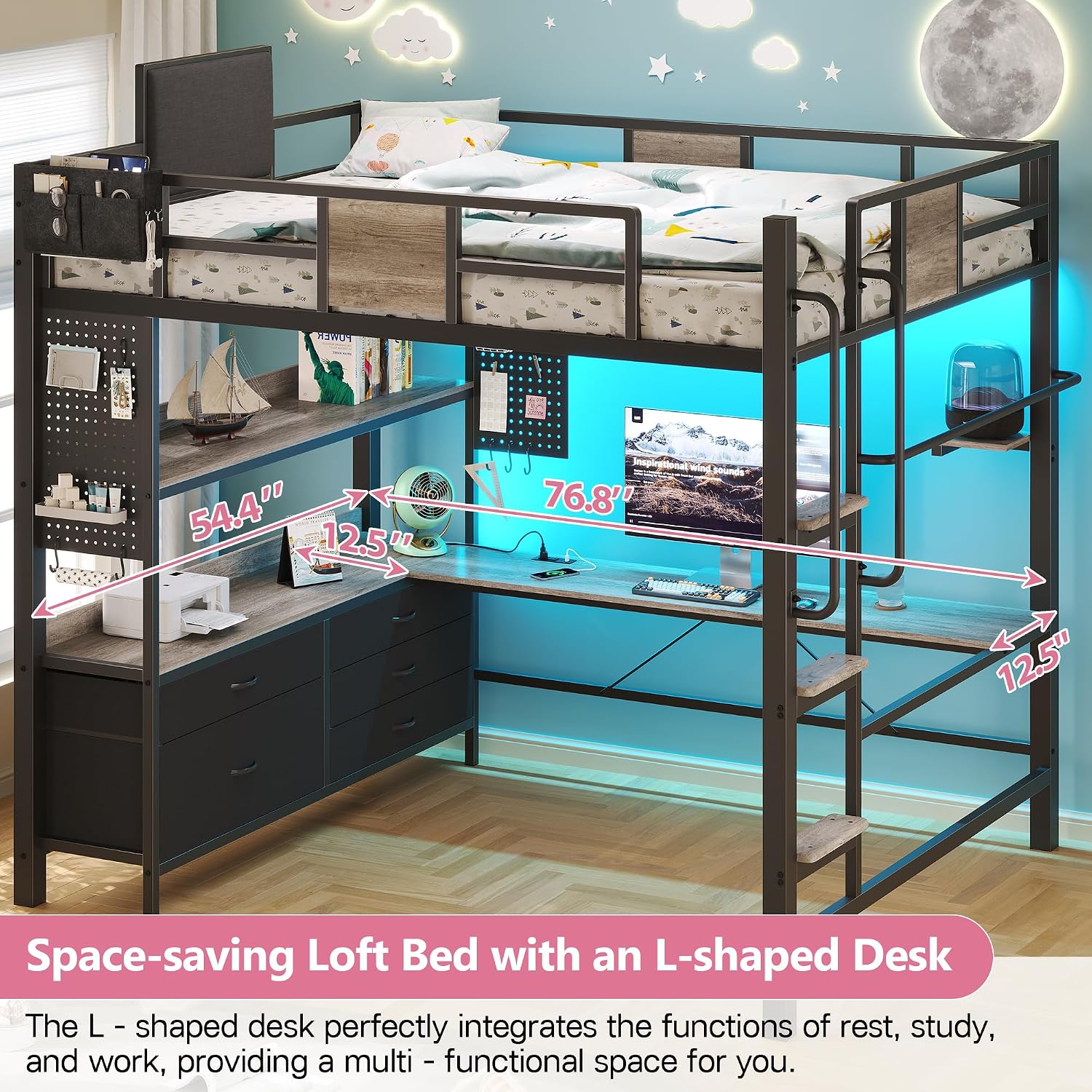 Loft bed with safety features including guardrails, anti-tipping device, and padded headboard.