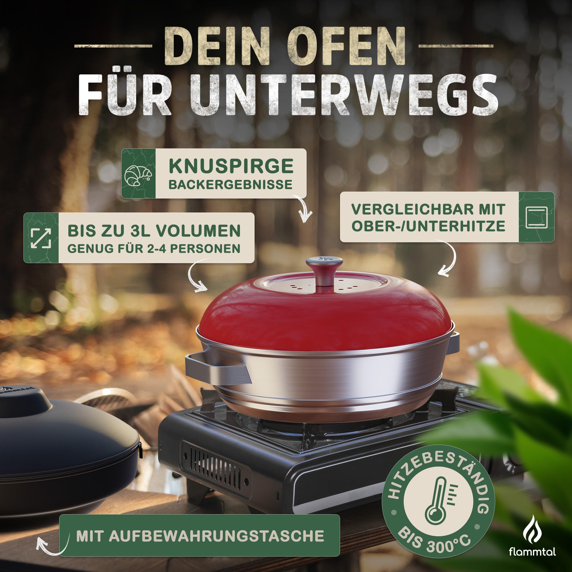 flammtal Camping Backofen Stove - Backofen Set inkl. Silikonform, Aufbackgitter, Tragetasche & Rezeptbuch - Backofen Camping mit regulierbarer Hitze - Campingbackofen für Gaskocher & Gasherd
