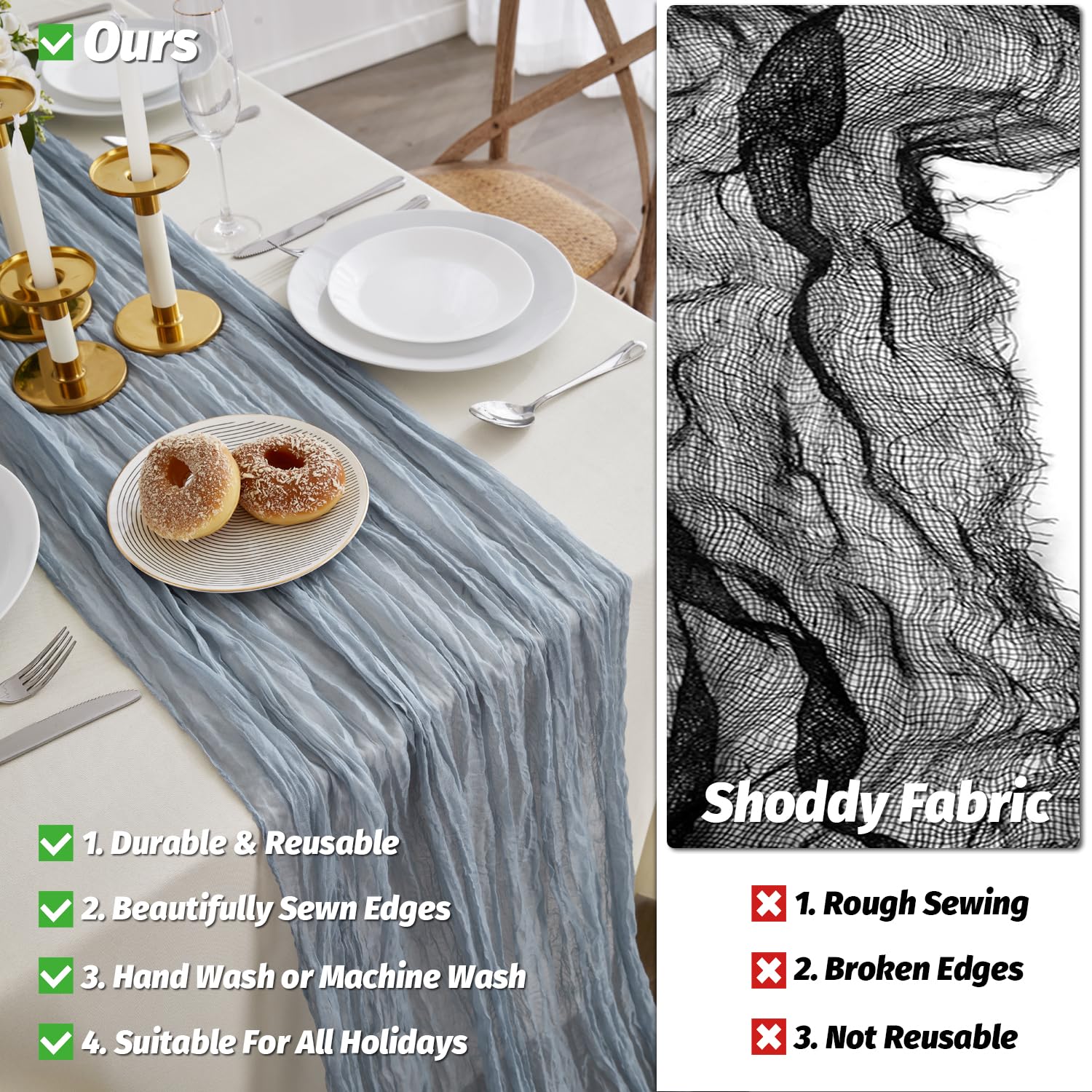 Nialnant Seihtuch-Tischläufer, 3 m, Boho-Gaze-Tischläufer, rustikaler Käsetuch, Tischläufer für Hochzeitsdekoration, Brautparty, Urlaub, Party, 88 x 305 cm, 8 Stück