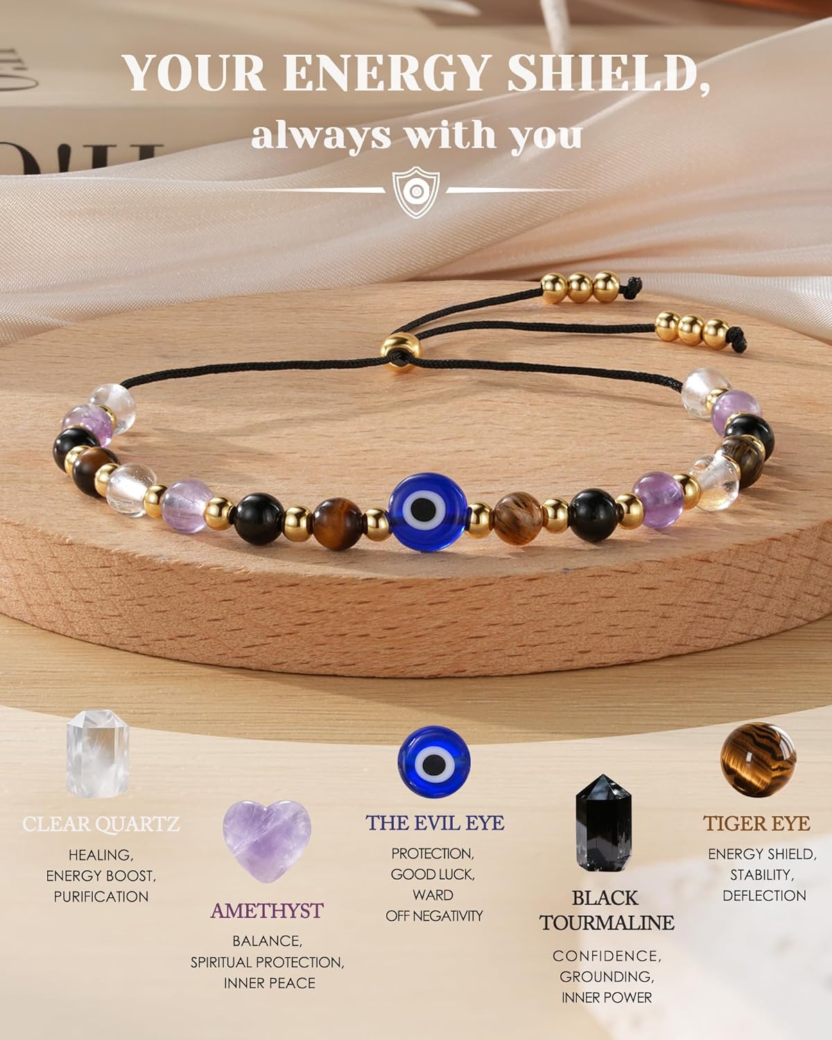 Evil Eye Dainty Bracelet - Natural Crystal Protection Bracelet - 5 Healing Stones Clear Quartz Amethyst Black Tourmaline Tiger Eye Adjustable Spiritual Guardian Jewelry Gift with Meaning Card - Image 4