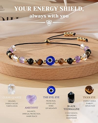 Miniatura 4 de HGDEER Pulsera de protección de cristal natural, 5 piedras curativas, cuarzo transparente, amatista, turmalina negra, ojo de tigre, ajustable,
